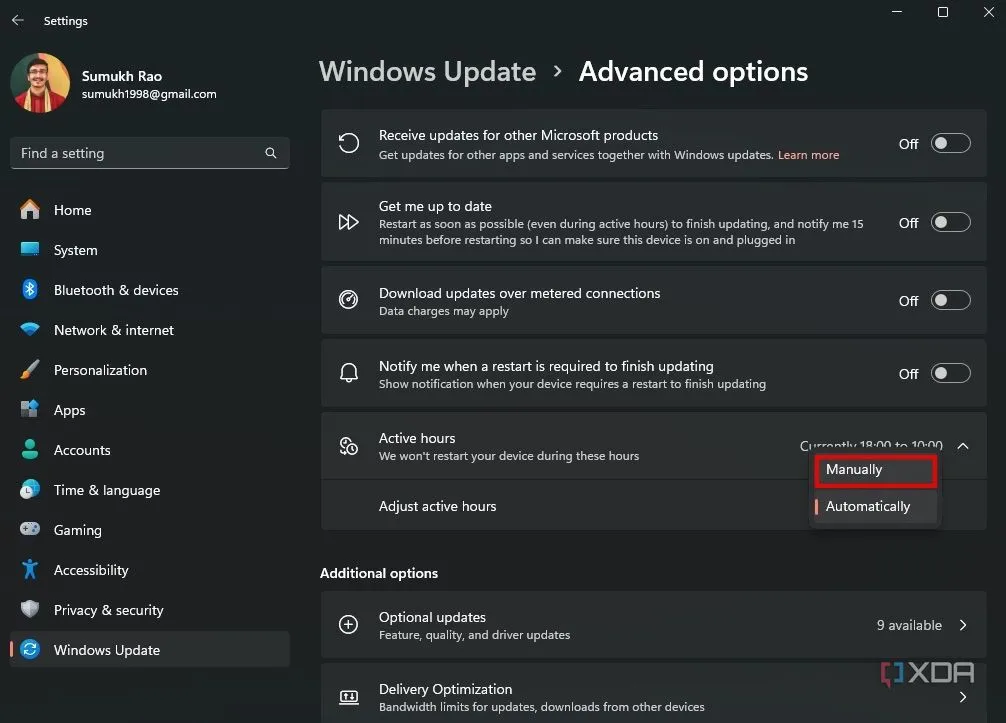 Menu cài đặt Giờ hoạt động thủ công trong Windows 11