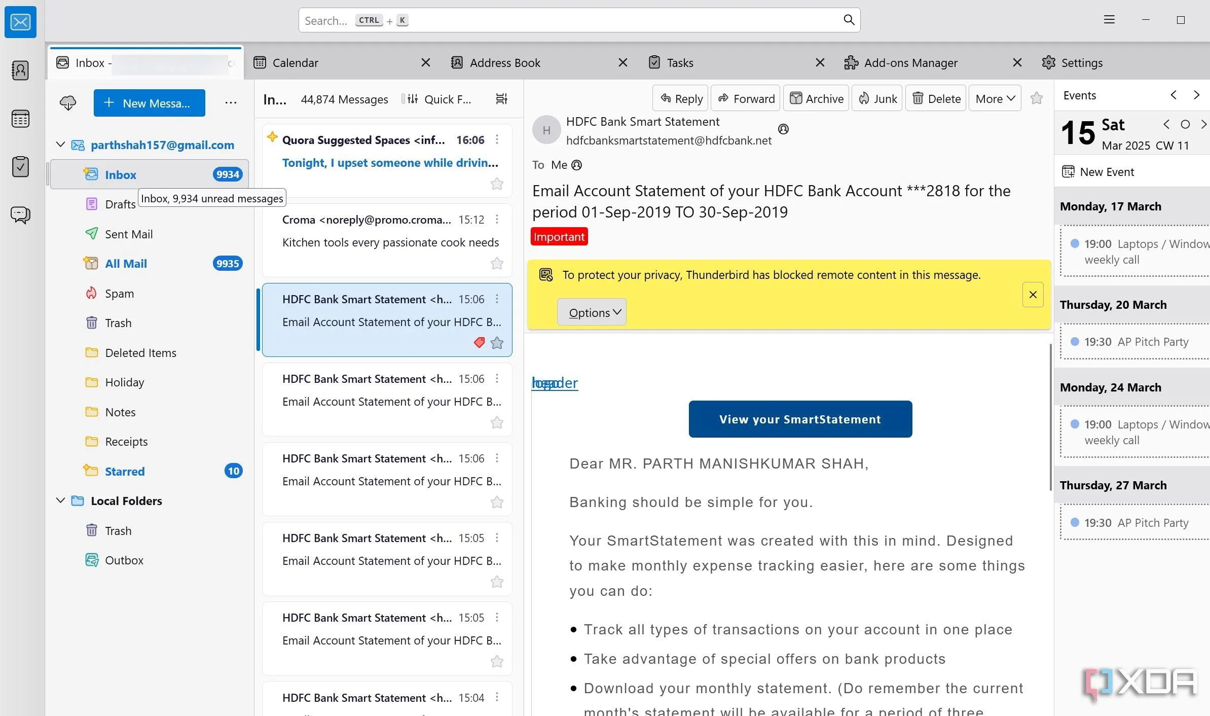Menu chính của Thunderbird với tùy chọn hộp thư hợp nhất cho nhiều tài khoản email
