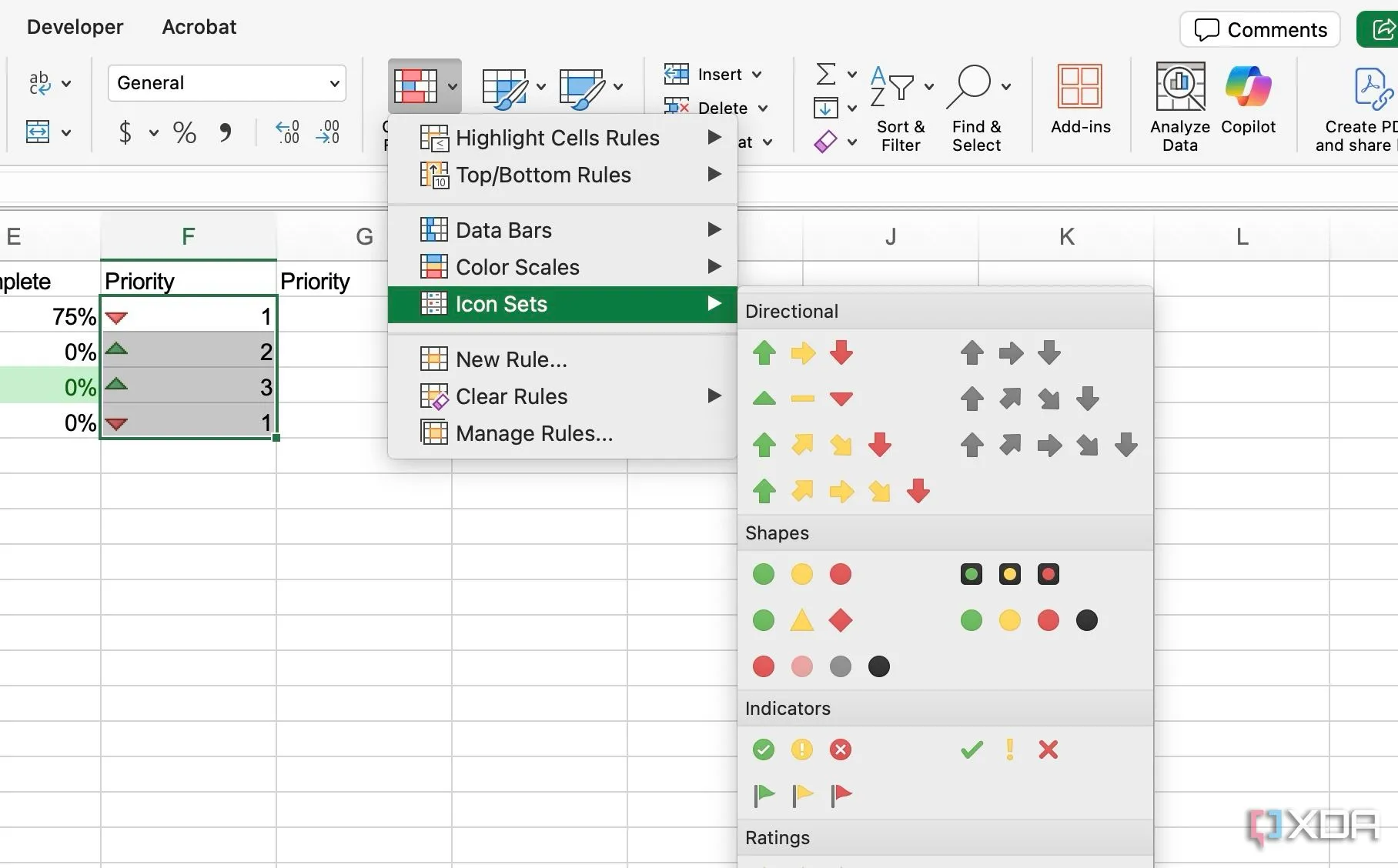 Menu &quot;Conditional Formatting&quot; trong Excel, hiển thị tùy chọn &quot;Icon Sets&quot; với các bộ biểu tượng khác nhau để đánh dấu mức độ ưu tiên