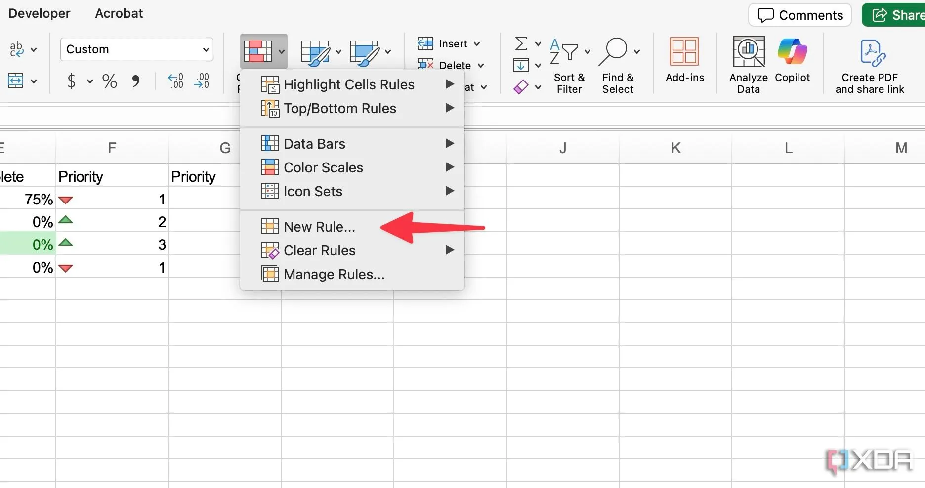 Menu &quot;Conditional Formatting&quot; trong Excel, hiển thị tùy chọn &quot;New Rule&quot; để tạo quy tắc định dạng mới