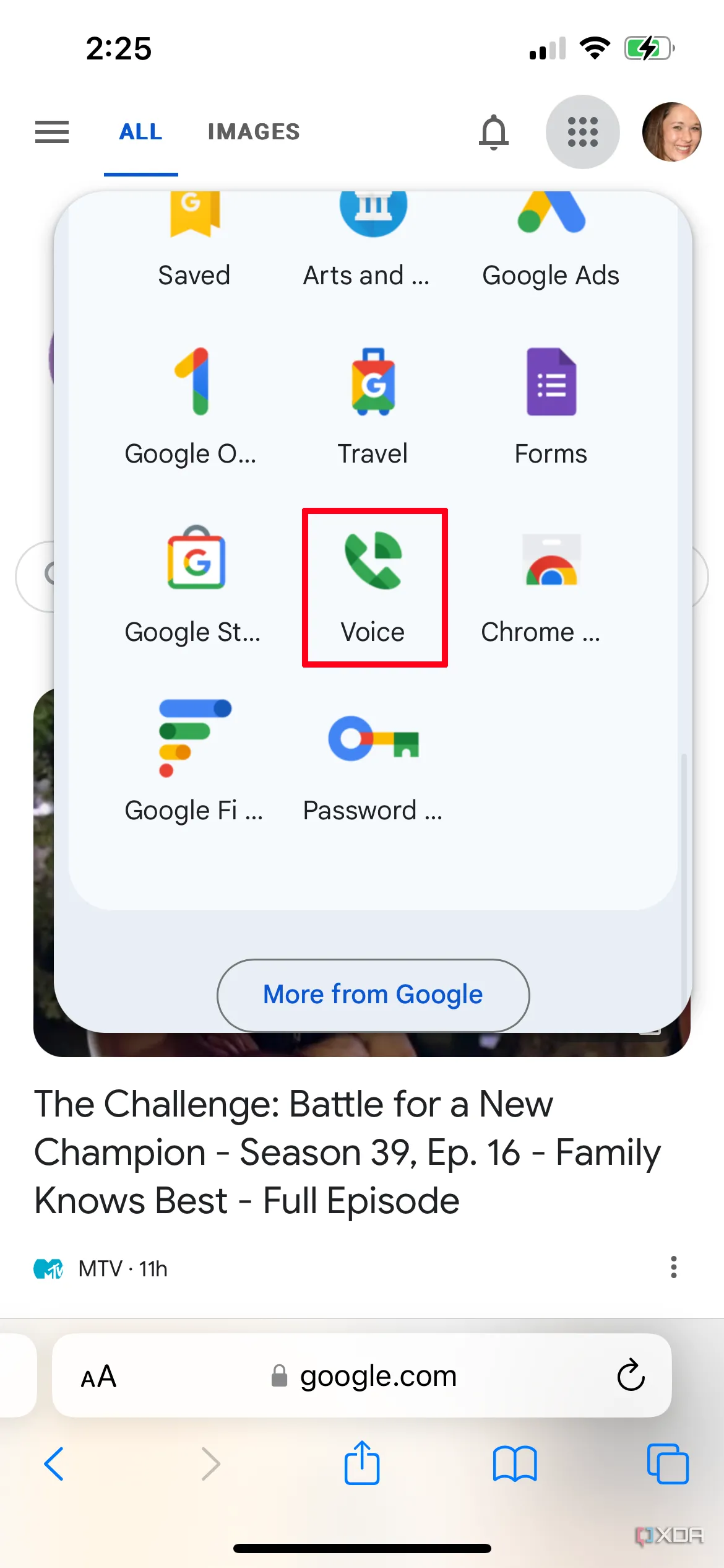 Menu dịch vụ Google với Voice được chọn
