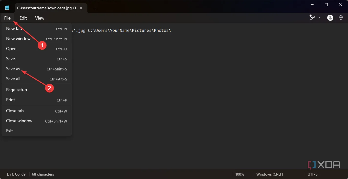 Menu File trong Notepad với lựa chọn 'Save as' để lưu script thành file .bat