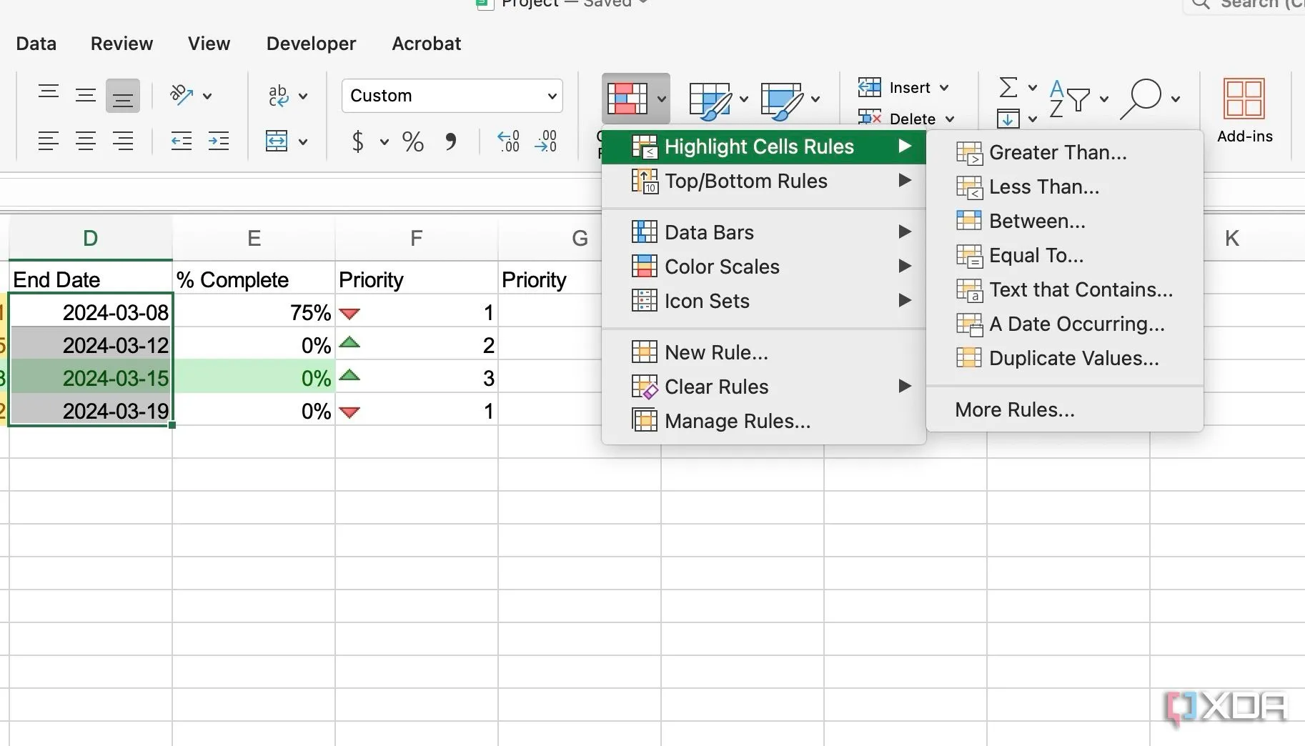 Menu &quot;Highlight Cells Rules&quot; của Conditional Formatting trong Excel, chọn tùy chọn &quot;Less than&quot; để xử lý thời hạn