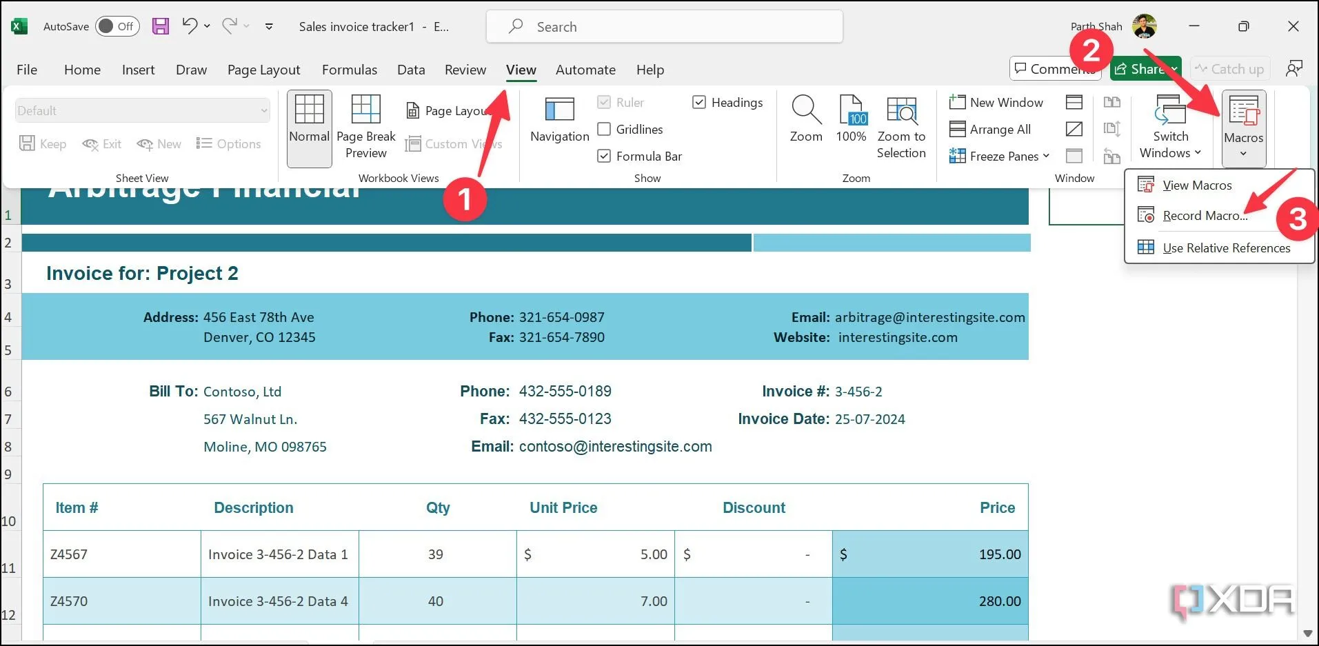 Menu &quot;Macros&quot; trong tab View của Excel với tùy chọn &quot;Record Macro&quot;
