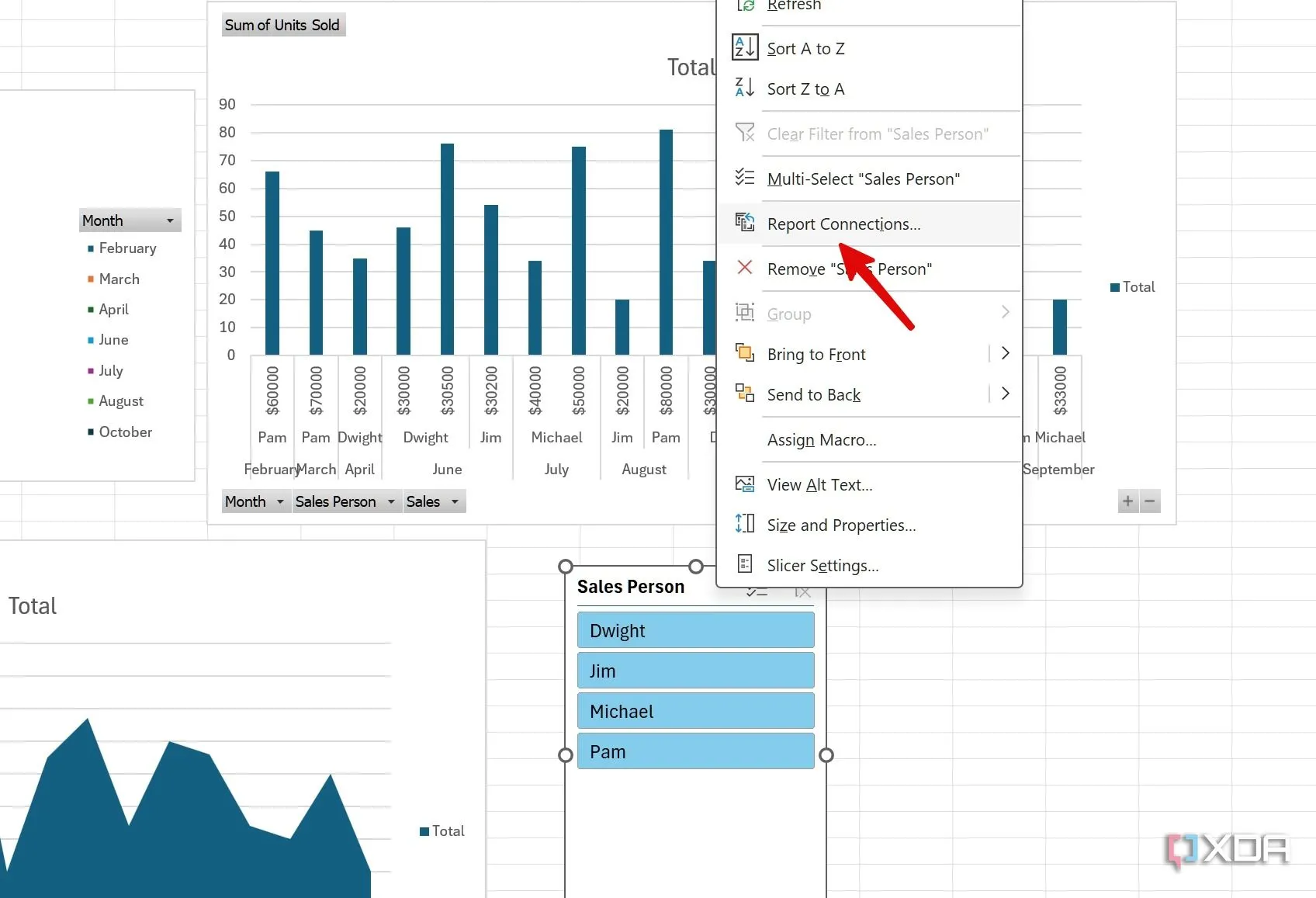 Menu ngữ cảnh của Slicer trong Excel, chọn &quot;Report Connections&quot;