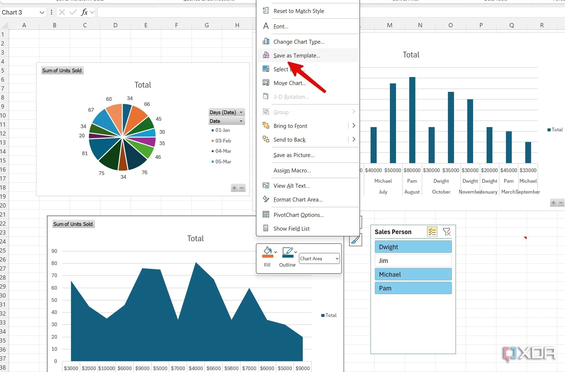 Menu ngữ cảnh khi click chuột phải vào biểu đồ trong Excel, chọn &quot;Save as Template&quot;