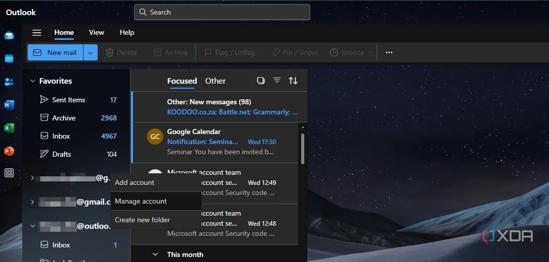 Menu quản lý tài khoản trong Outlook cho phép tùy chọn chỉnh sửa