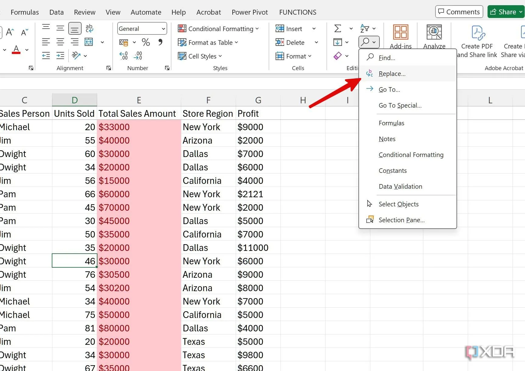 Menu Search (Tìm kiếm) trong tab Home của Excel, chọn Replace (Thay thế) để tìm và thay thế dữ liệu.