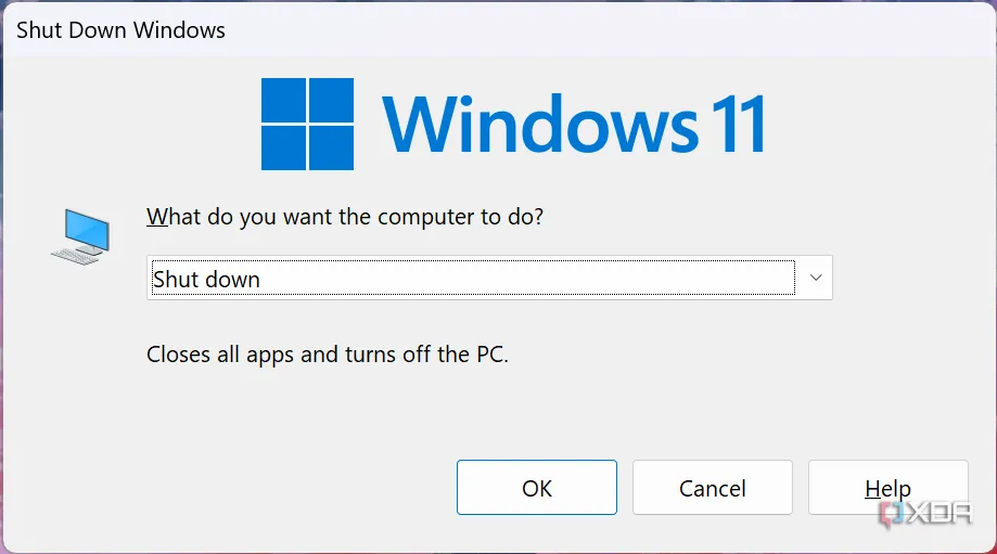 Menu Tắt máy Windows cho thấy các tùy chọn khởi động và tắt máy