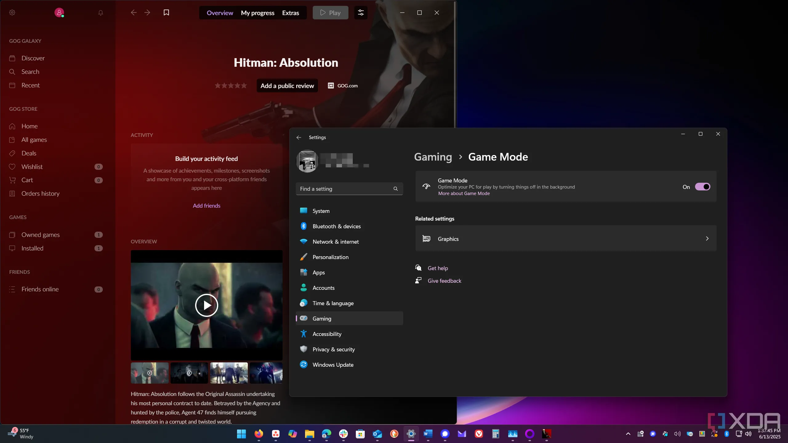 Minh họa cách bật Chế độ Game Mode trong Windows cho trò chơi Hitman Absolution, giúp tối ưu hiệu suất.