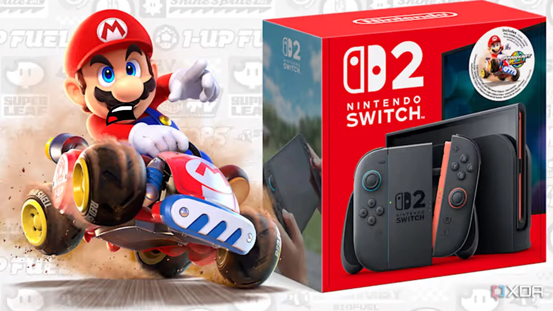 Minh họa game Mario Kart và console Nintendo Switch 2, gợi ý về tựa game Mario 3D sắp ra mắt