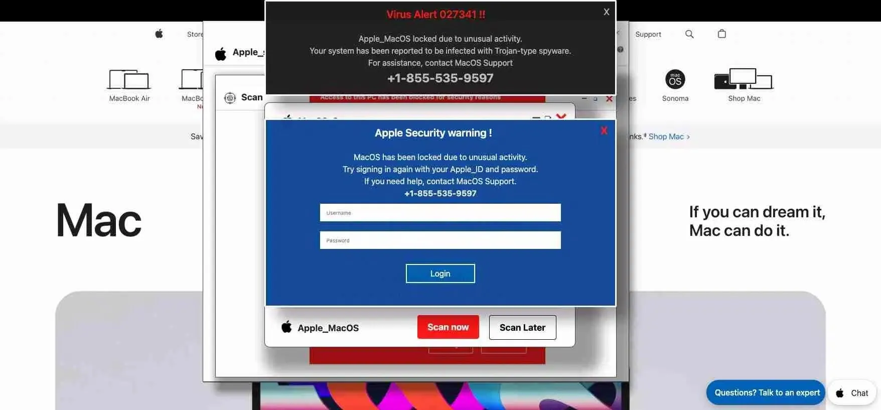 Minh họa một cuộc tấn công lừa đảo (phishing) nhắm mục tiêu vào người dùng máy tính Mac, cho thấy email giả mạo và thông báo cảnh báo bảo mật.