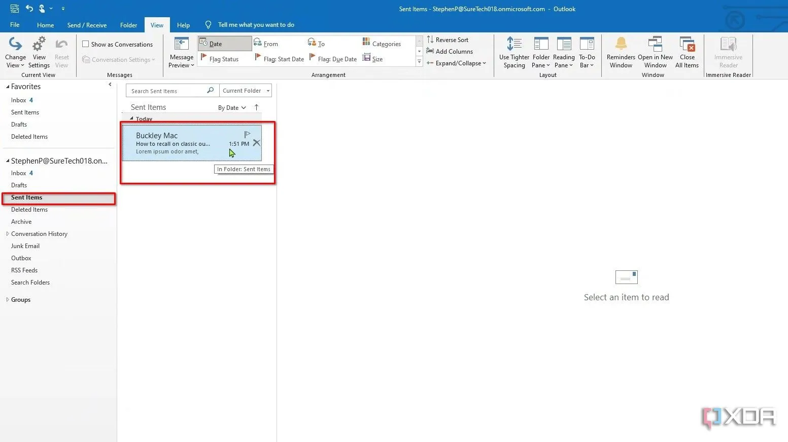 Mở email đã gửi trong thư mục Sent Items