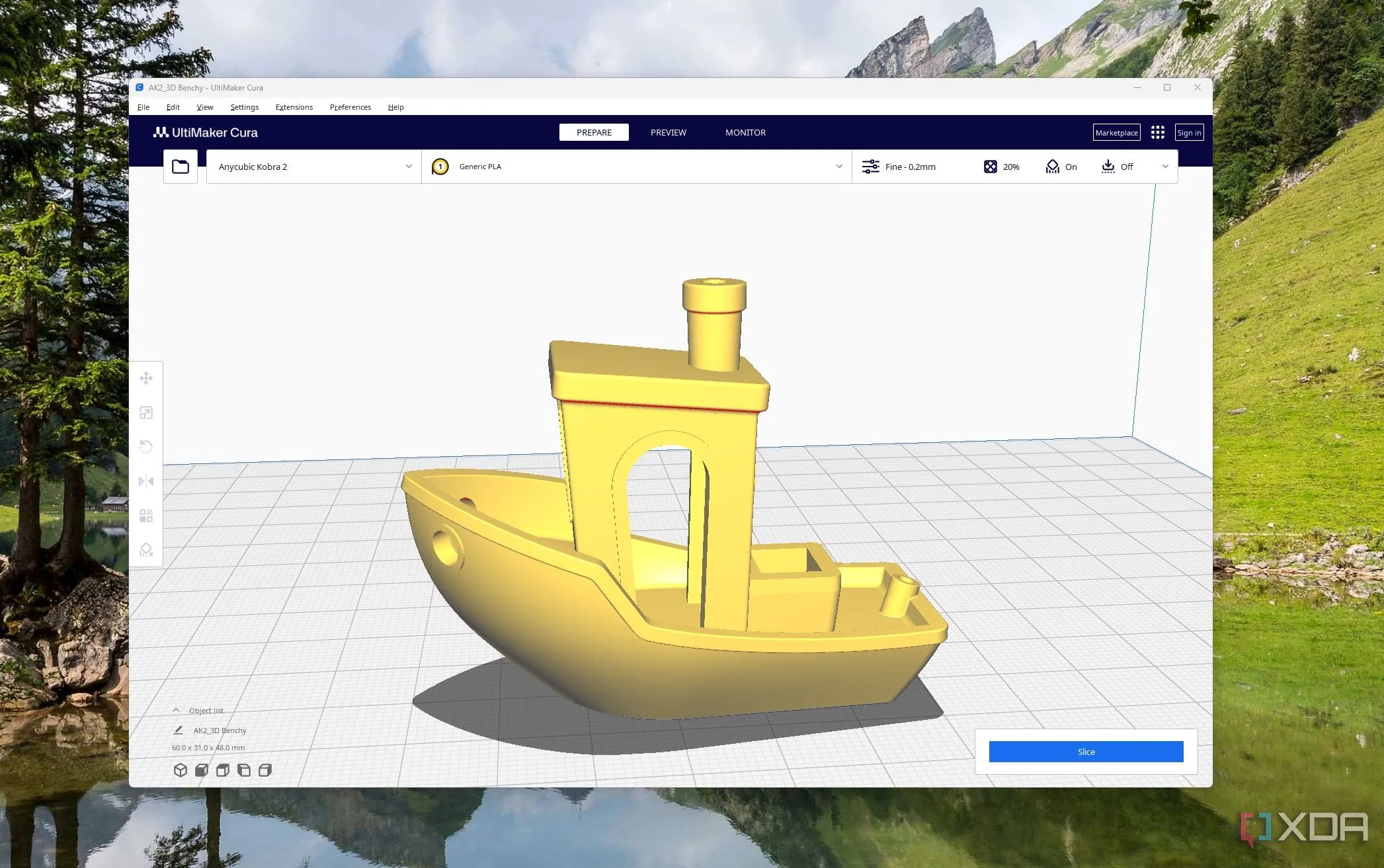 Mô hình Benchy đang được cắt lát trong phần mềm Cura