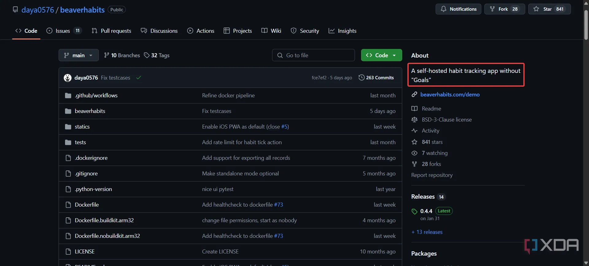 Mô tả Beaver Habit Tracker trên GitHub cho thấy ứng dụng không có tính năng đặt mục tiêu