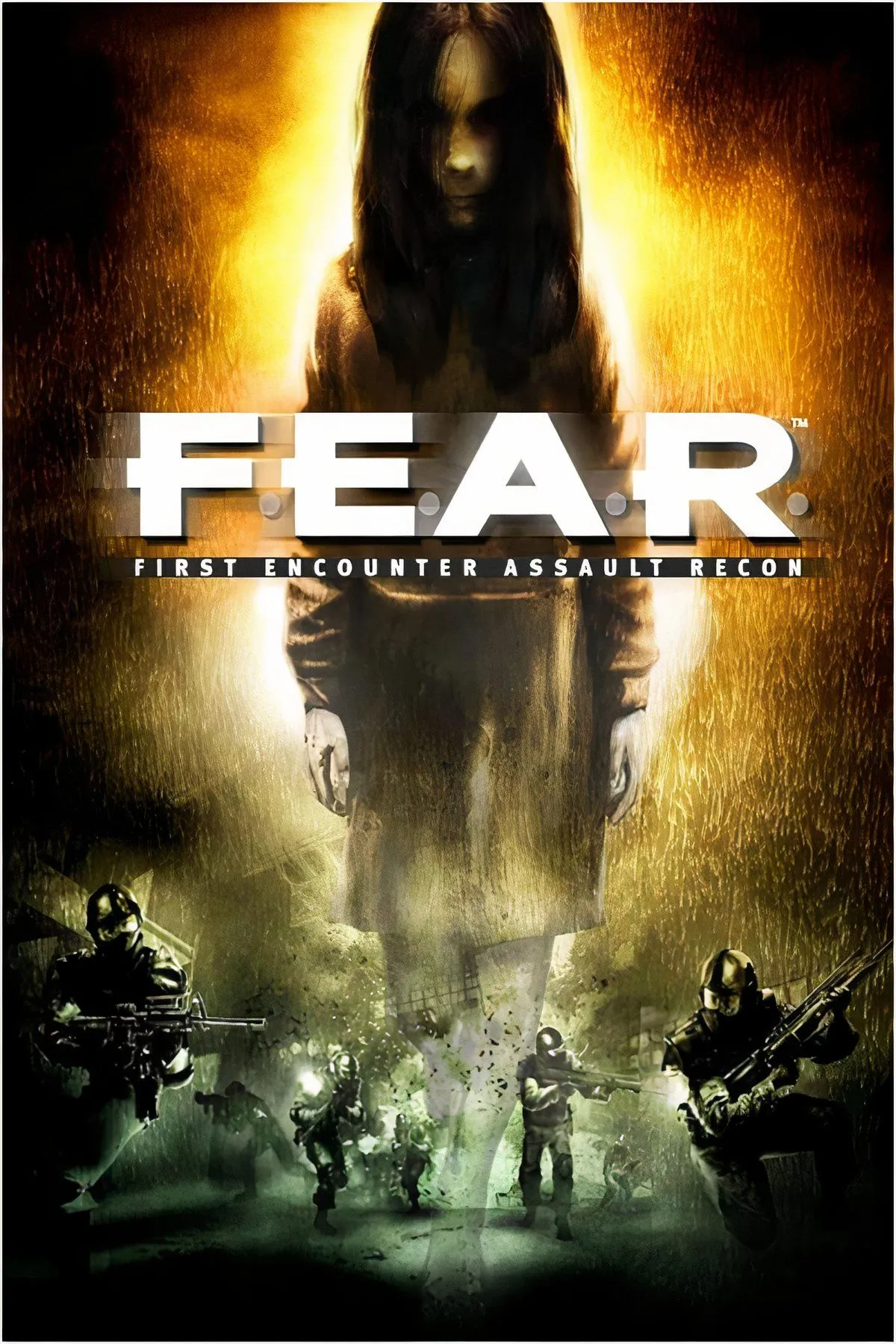 Một cảnh chiến đấu dữ dội trong game F.E.A.R., với các hiệu ứng cháy nổ và viên đạn bay chậm