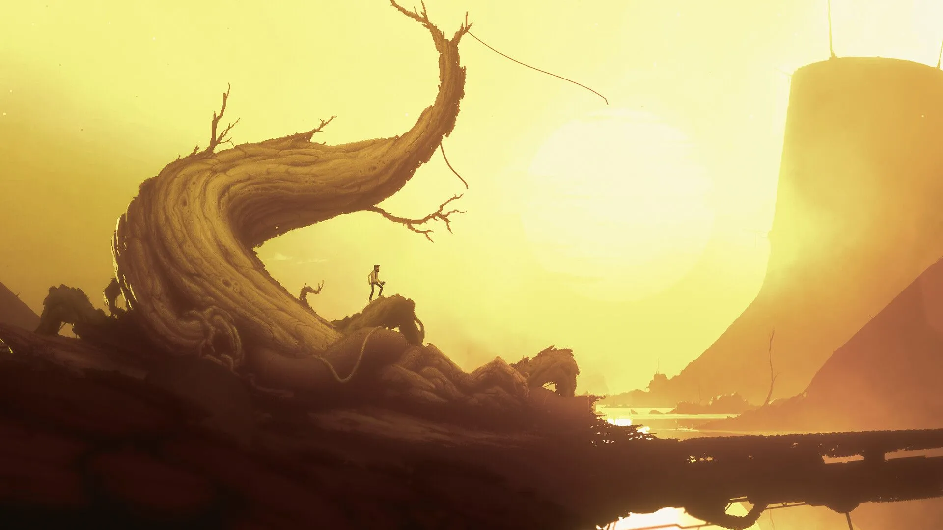 Một cảnh game độc lập (indie game) với nhân vật đứng trên rễ cây, minh họa cho các tựa game bị lãng quên hoặc ít được biết đến.