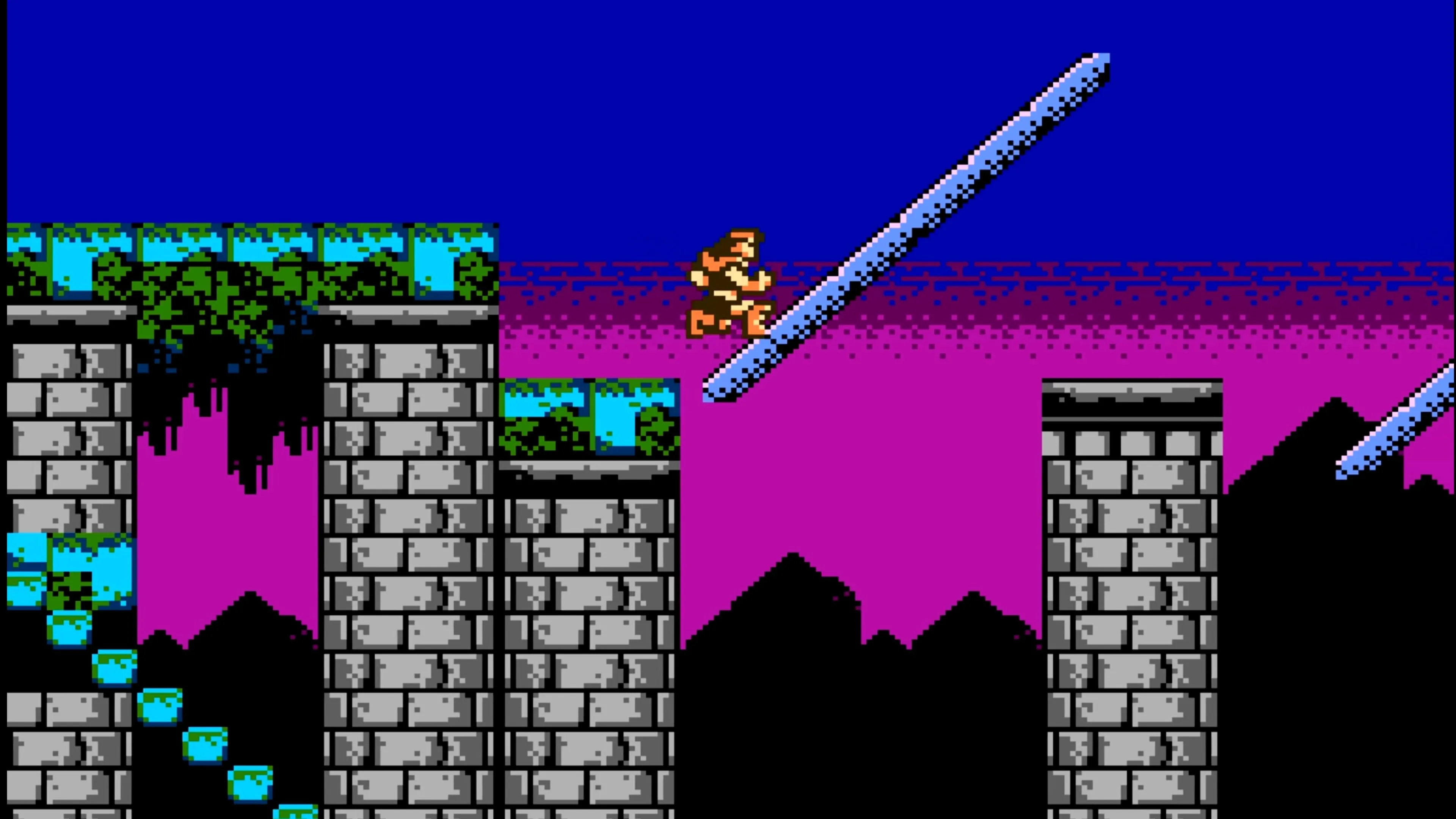 Một cảnh gameplay từ Castlevania III: Dracula's Curse, với các hiệu ứng đặc biệt và quái vật.