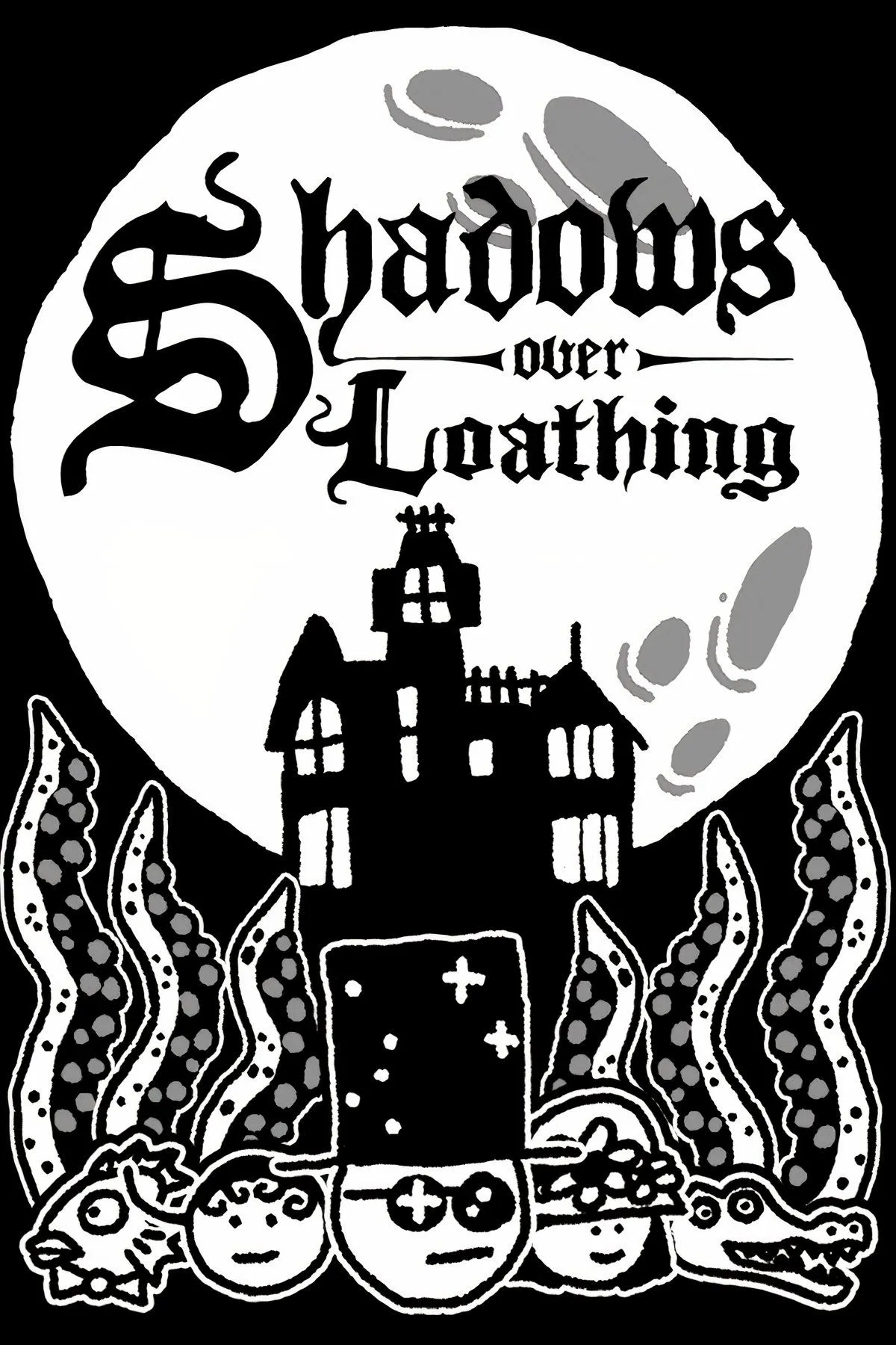 Một cảnh trong game Shadows Over Loathing với đồ họa vẽ tay đen trắng