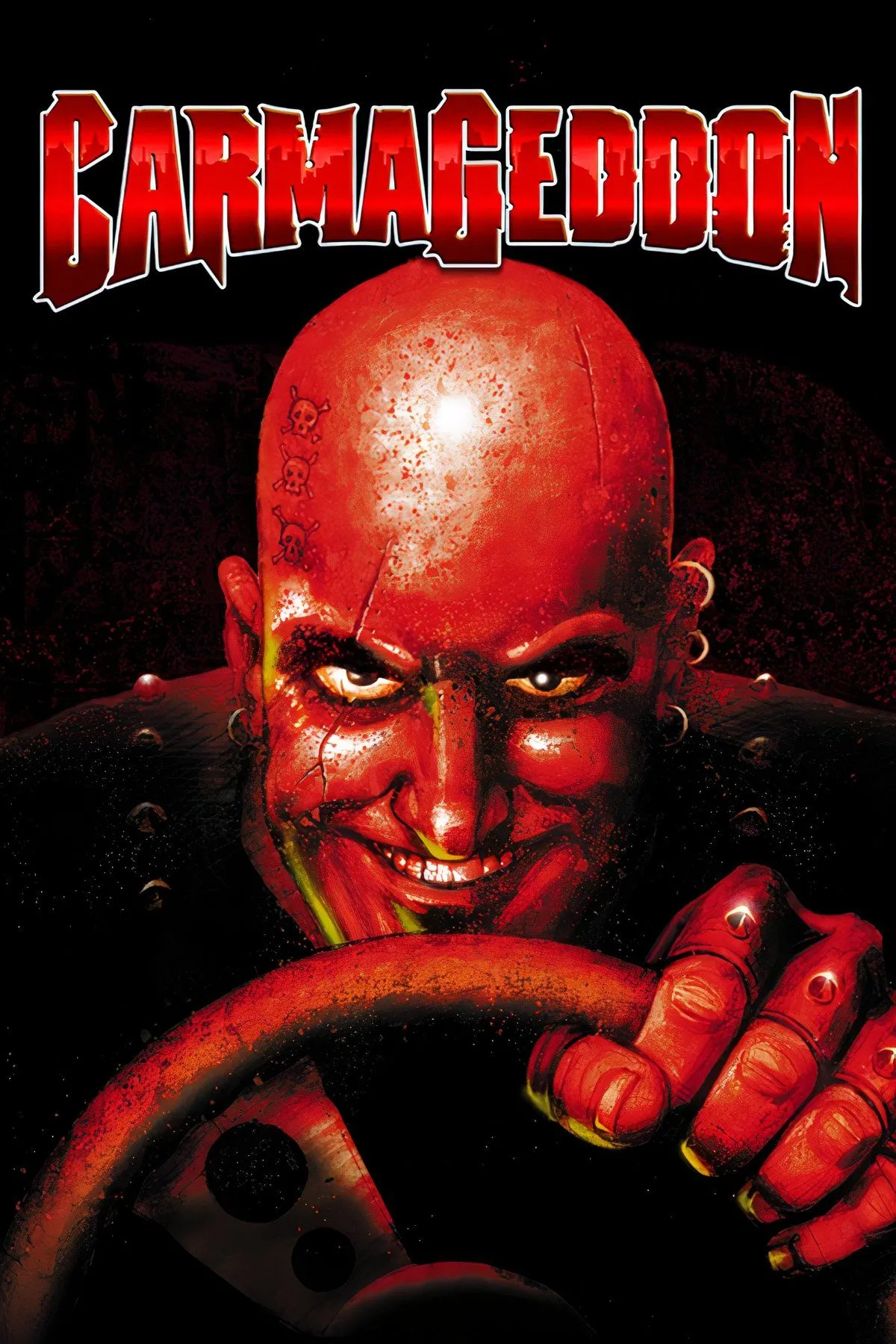 Một cảnh từ game đua xe chiến đấu Carmageddon, nổi tiếng với yếu tố bạo lực và sự tự do trong việc phá hủy môi trường và đối thủ trên hệ máy DOS.