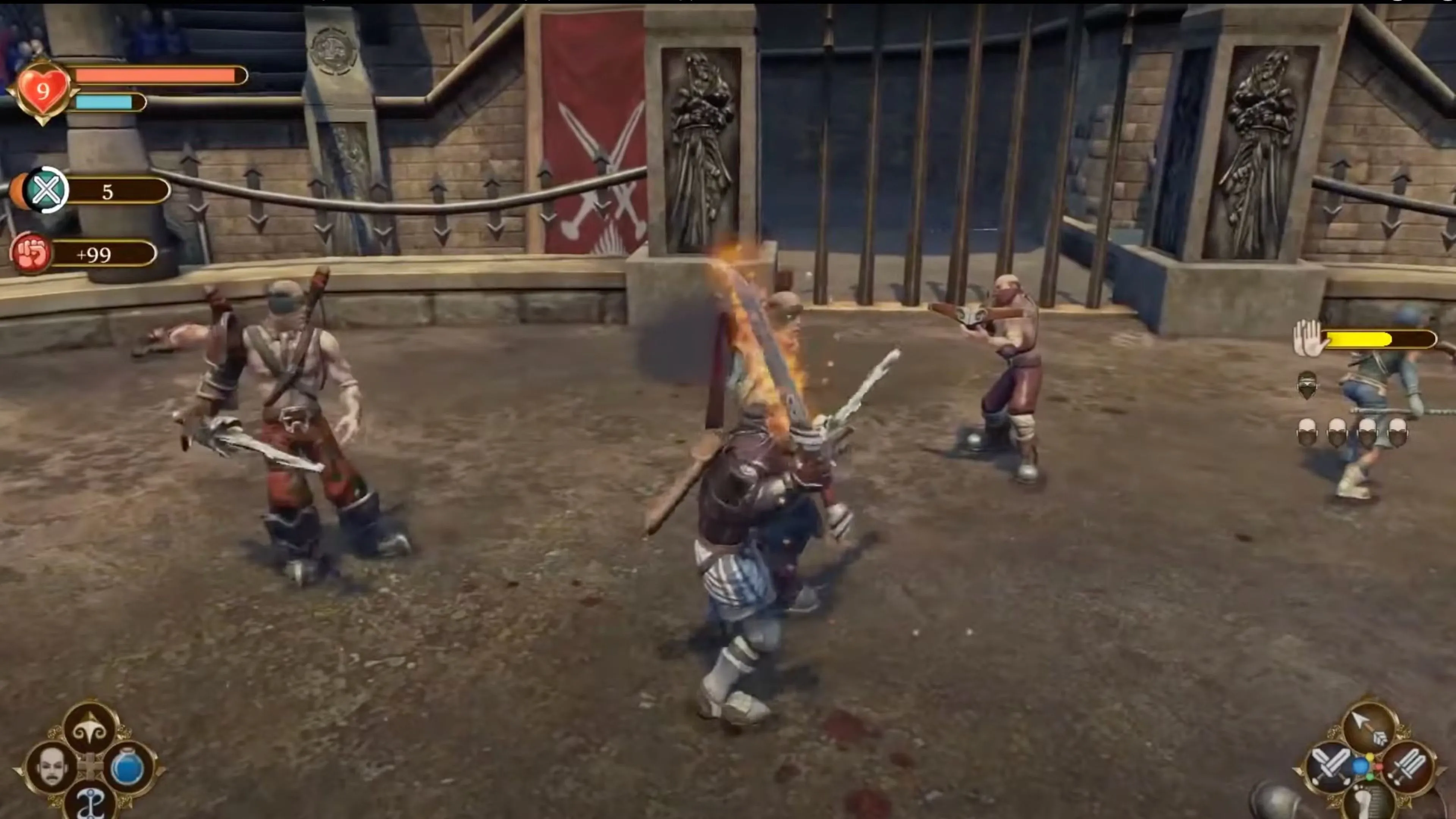 Một chiến binh đang chiến đấu với nhiều kẻ thù trong một đấu trường của game Fable