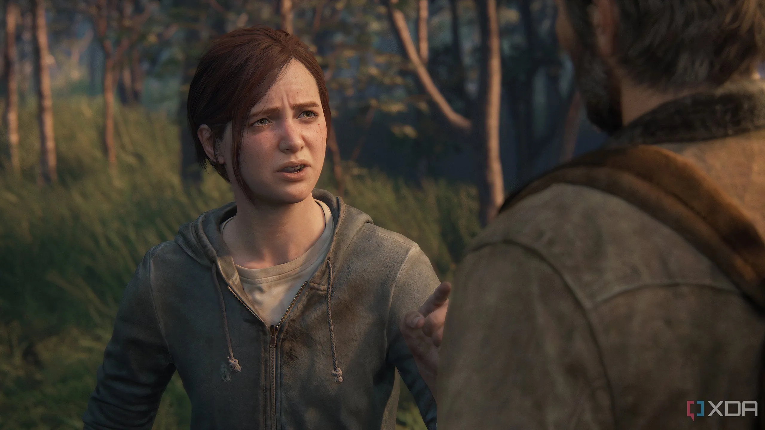 Một cuộc trò chuyện căng thẳng giữa Ellie và Joel trong The Last of Us Part II Remastered trên nền tảng PC.
