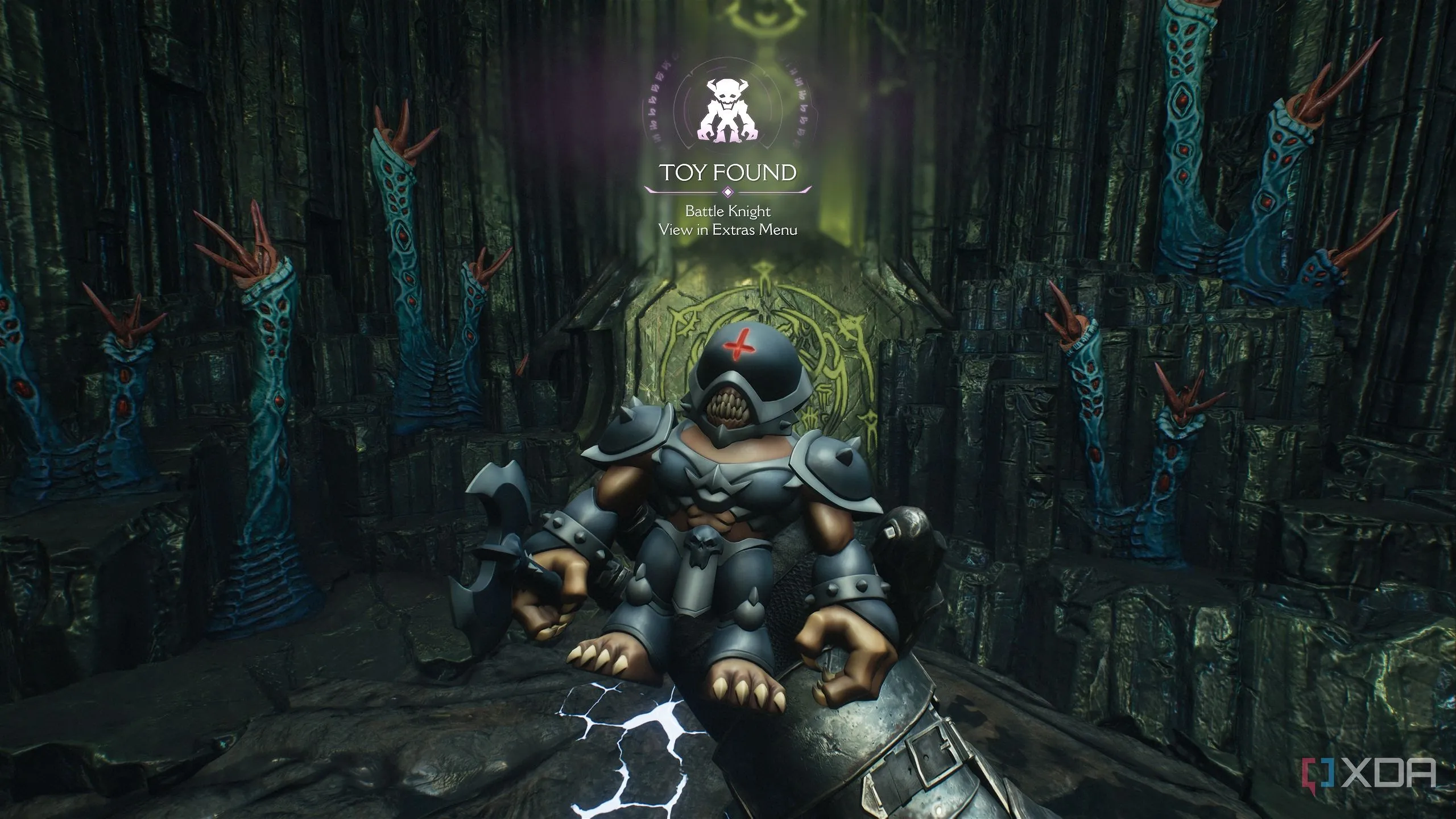 Một đồ chơi Battleknight đang nằm trong một căn phòng nhỏ ở Chương 16 Doom The Dark Ages