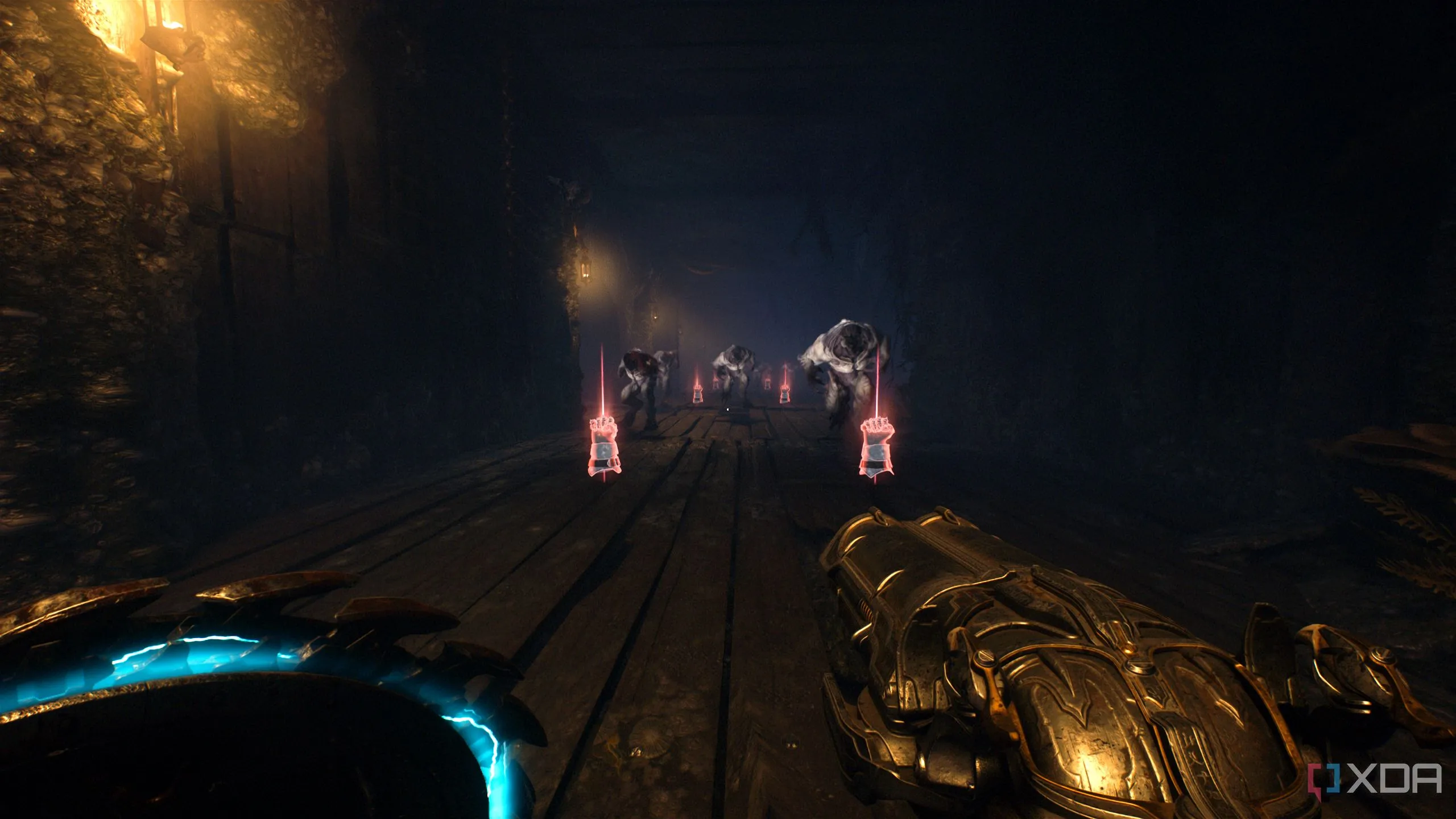 Một hành lang với Hellknight và đạn Melee Charge trong Chương 17 của Doom: The Dark Ages.