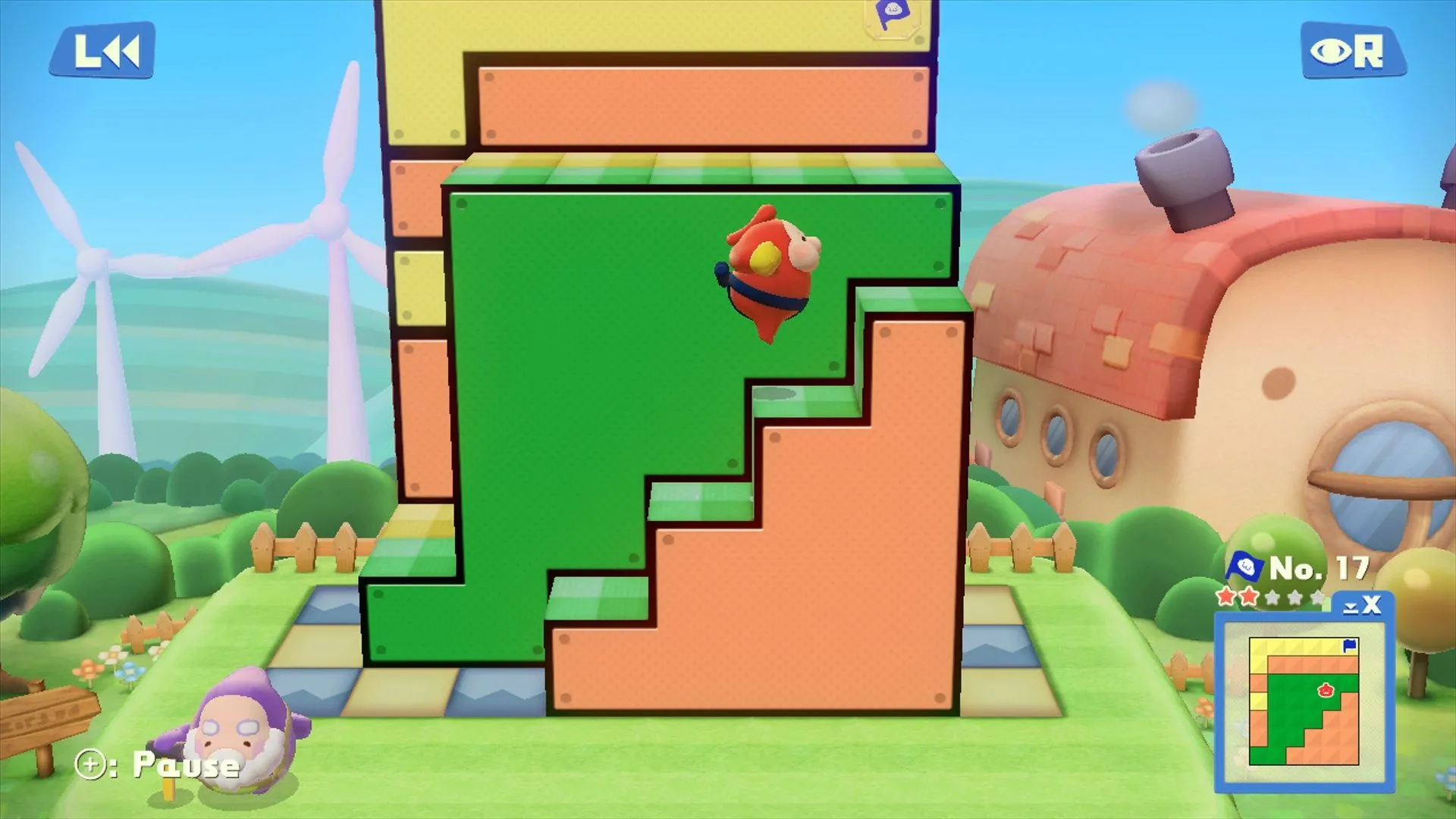 Một màn chơi trong Pushmo World trên Wii U, thể hiện lối chơi giải đố kéo đẩy khối