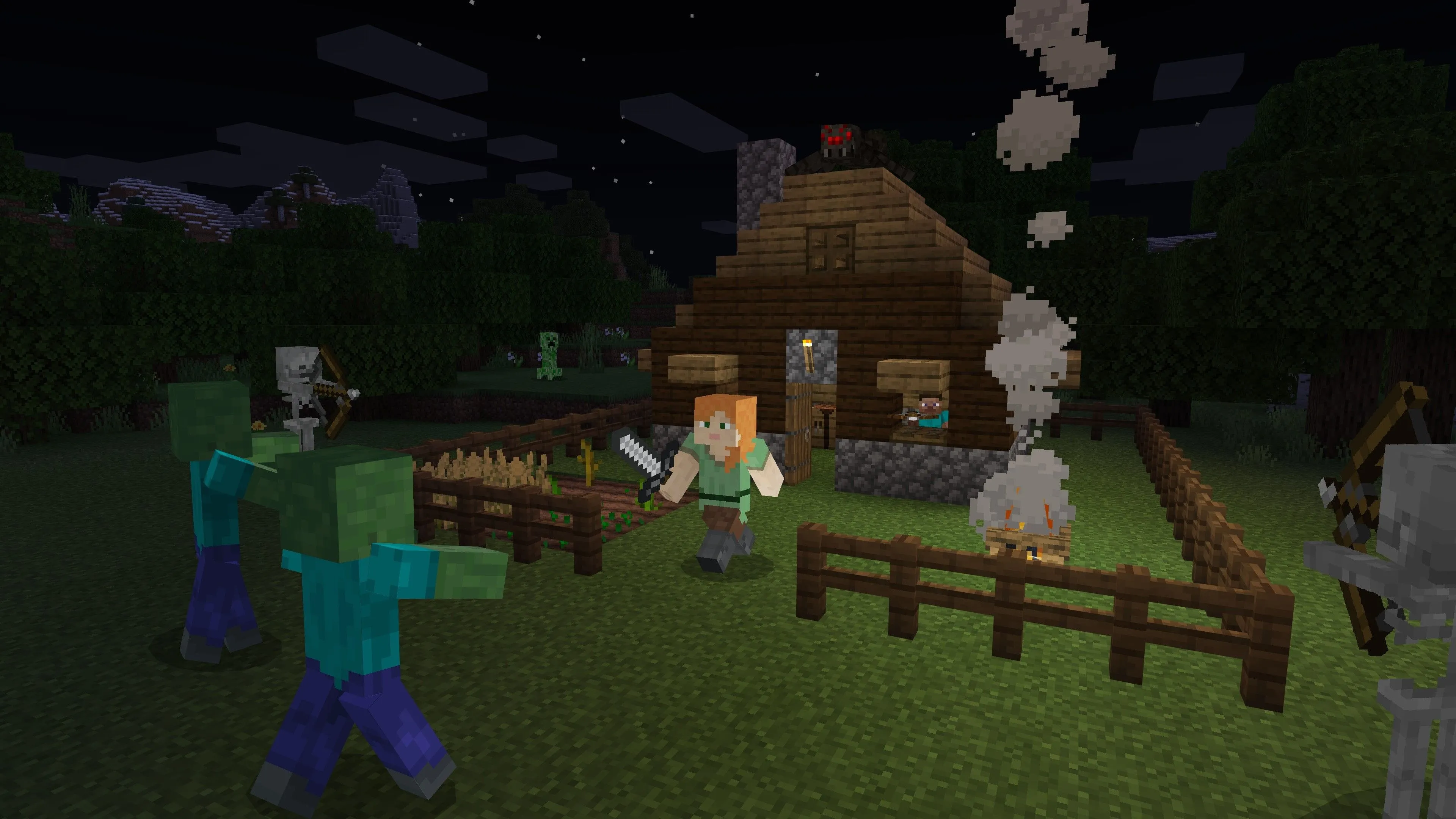 Một nhân vật đang chiến đấu với quái vật trong Minecraft
