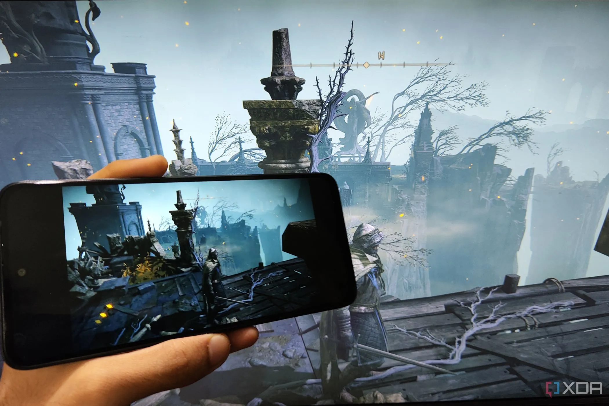 Một PC đang chạy Elden Ring và stream game này tới điện thoại Poco M6 Pro
