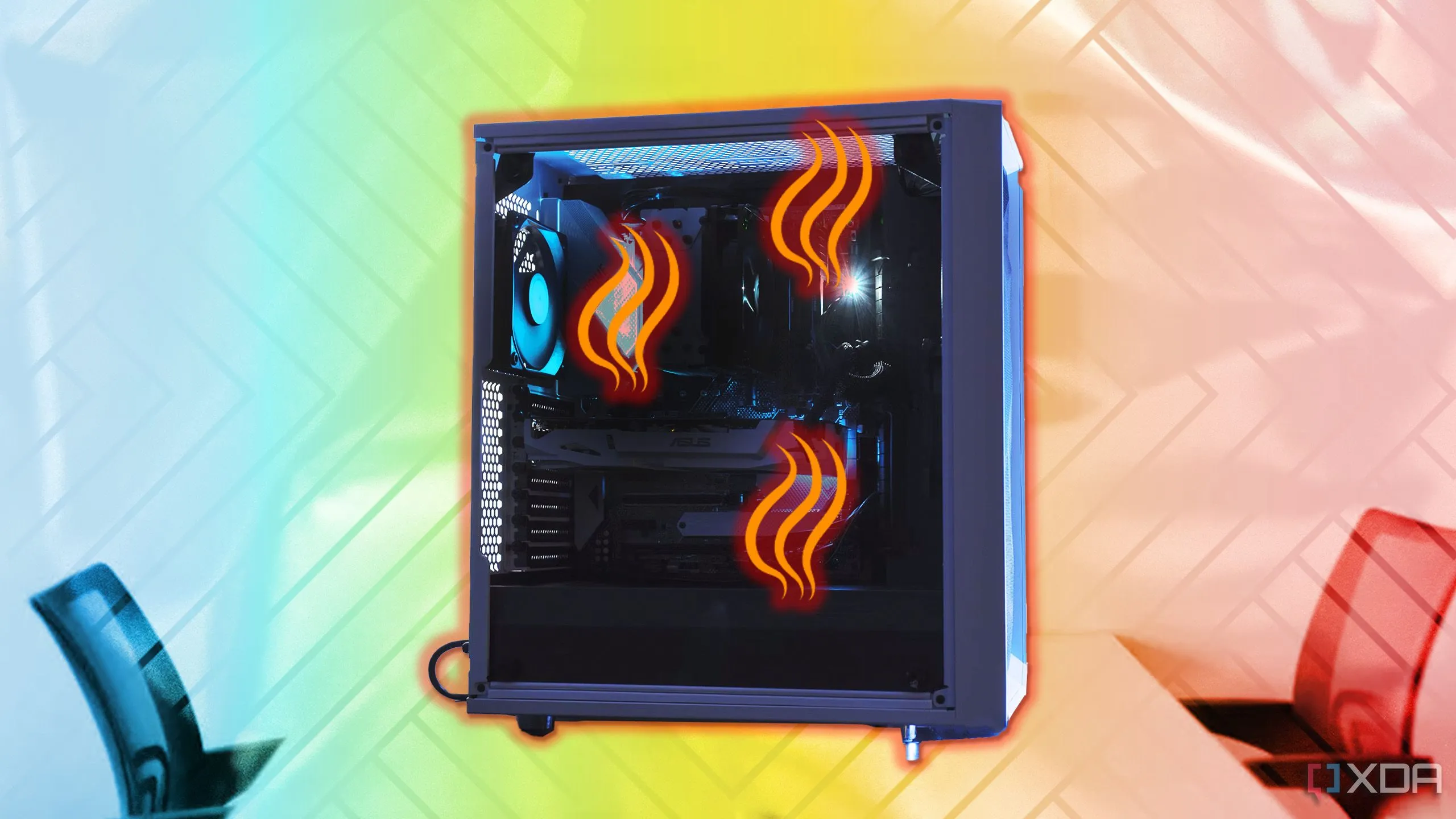 Một PC với các linh kiện bên trong được làm mát bằng quạt.