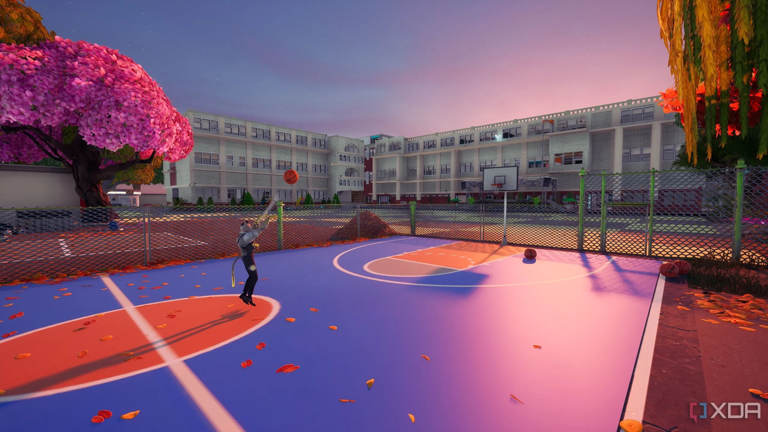 Một sân bóng rổ trong bản đồ trường học tùy chỉnh trên Unreal Engine cho Fortnite, thể hiện chi tiết hoàn thiện của công trình
