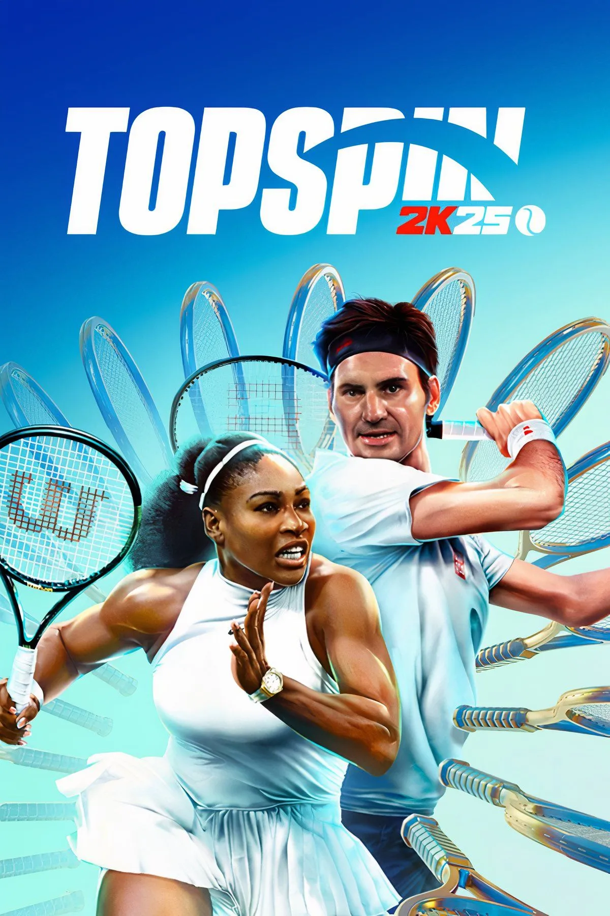Một tay vợt đang giao bóng trên sân trong game TopSpin 2K25, mô phỏng game quần vợt thực tế trên PC