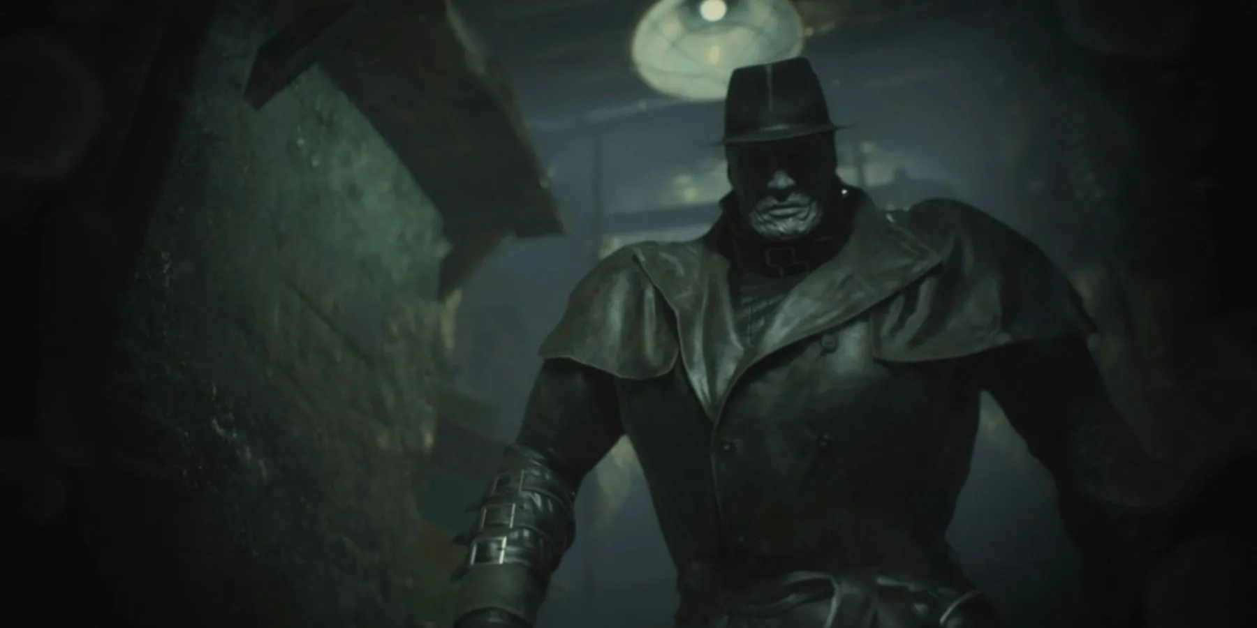 Mr. X (Tyrant) xuất hiện đầy đe dọa trong bóng tối, hình ảnh biểu tượng của Resident Evil 2 Remake