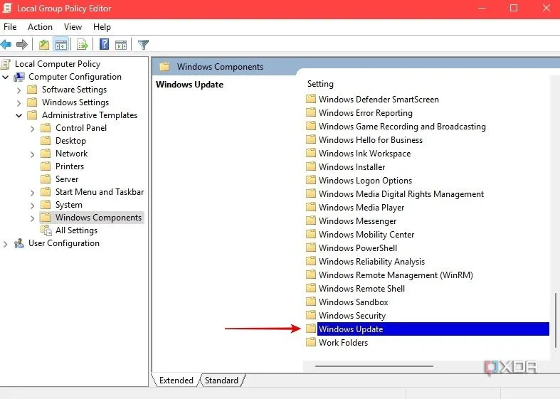 Mục Windows Update trong Trình chỉnh sửa Chính sách Nhóm để điều chỉnh cài đặt cập nhật