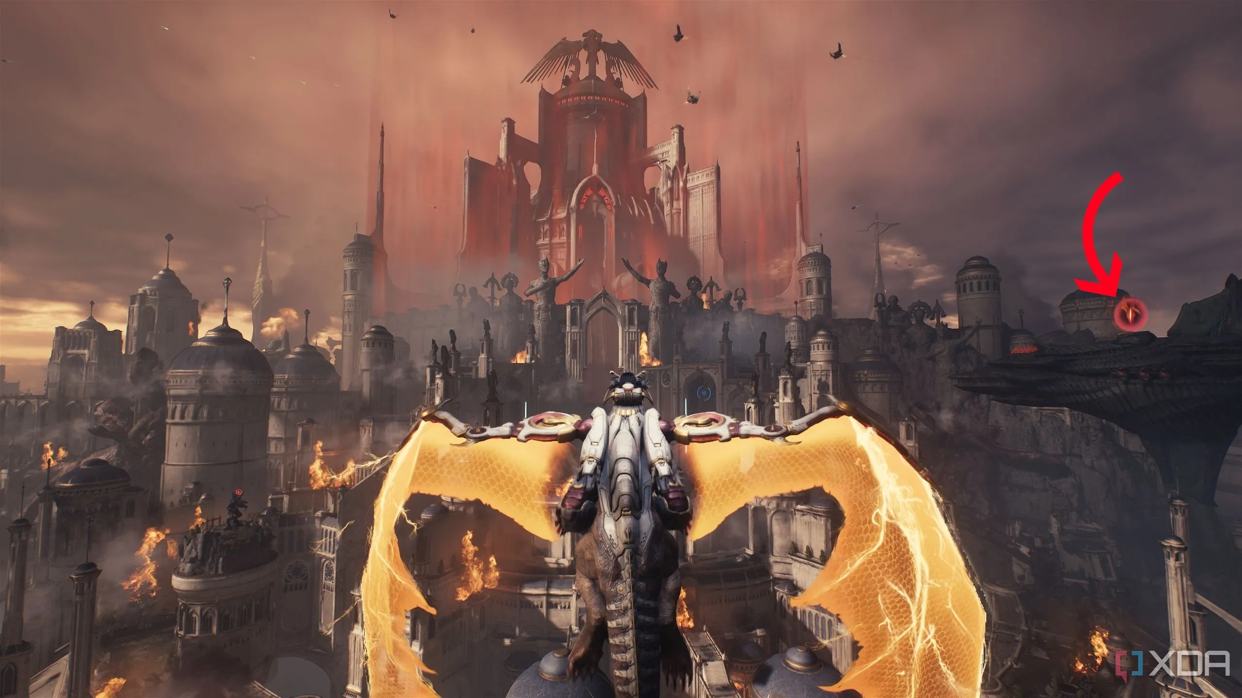 Mũi tên chỉ vào cổng chính nhà thờ và một Hell Carrier trên bầu trời trong Doom: The Dark Ages