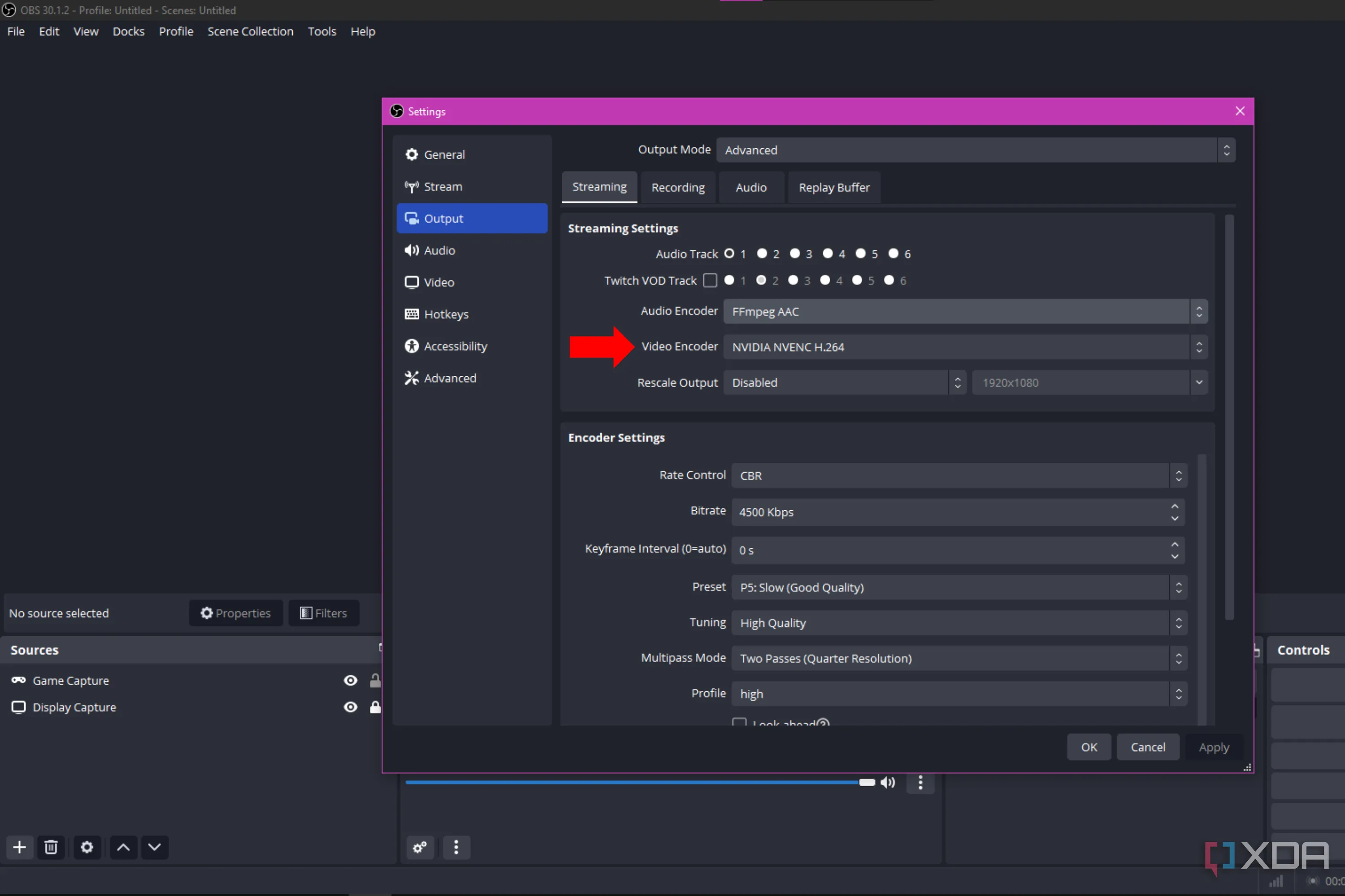 Mũi tên chỉ vào tùy chọn Video Encoder trong phần mềm OBS Studio, minh họa cài đặt mã hóa phần cứng để giảm tải CPU