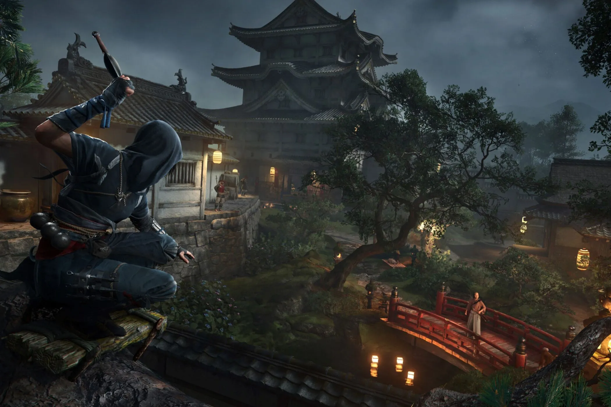Naoe tàng hình trong bom khói ở một ngôi đền trong Assassin's Creed Shadows