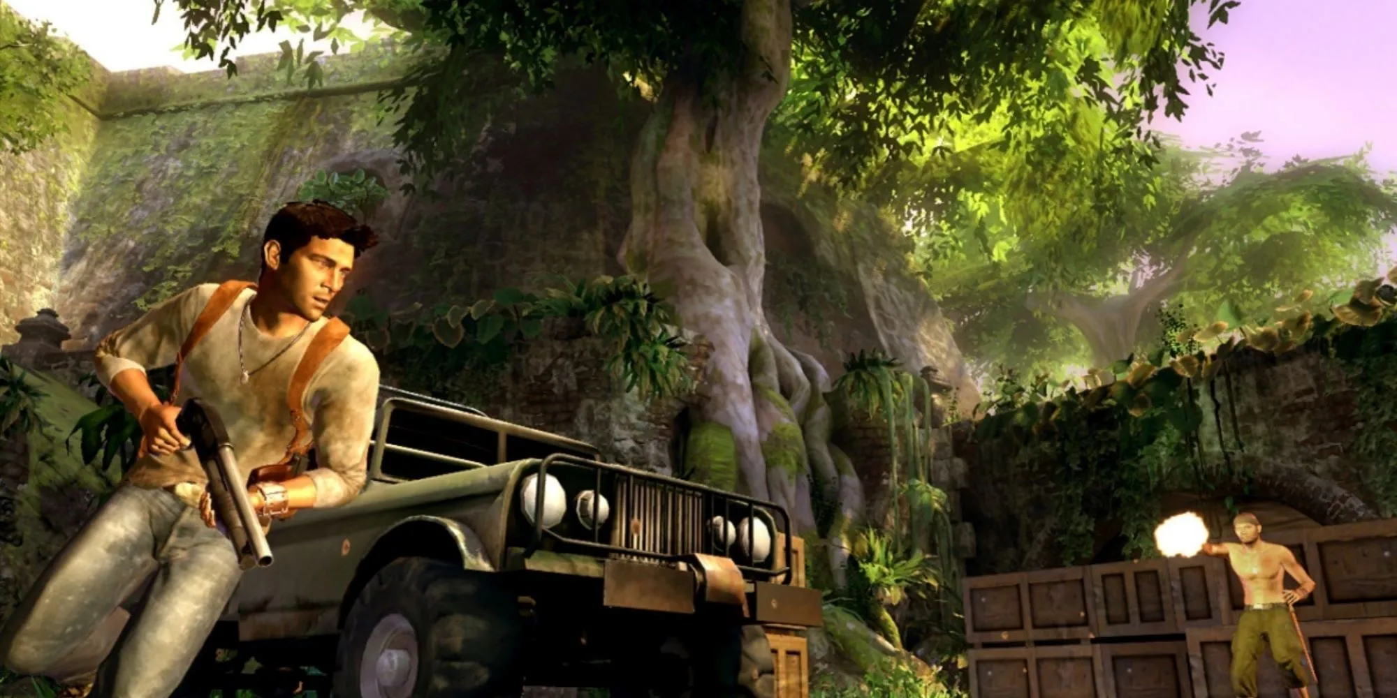 Nathan Drake ẩn nấp sau xe Jeep trong cảnh chiến đấu căng thẳng của Uncharted: Drake's Fortune