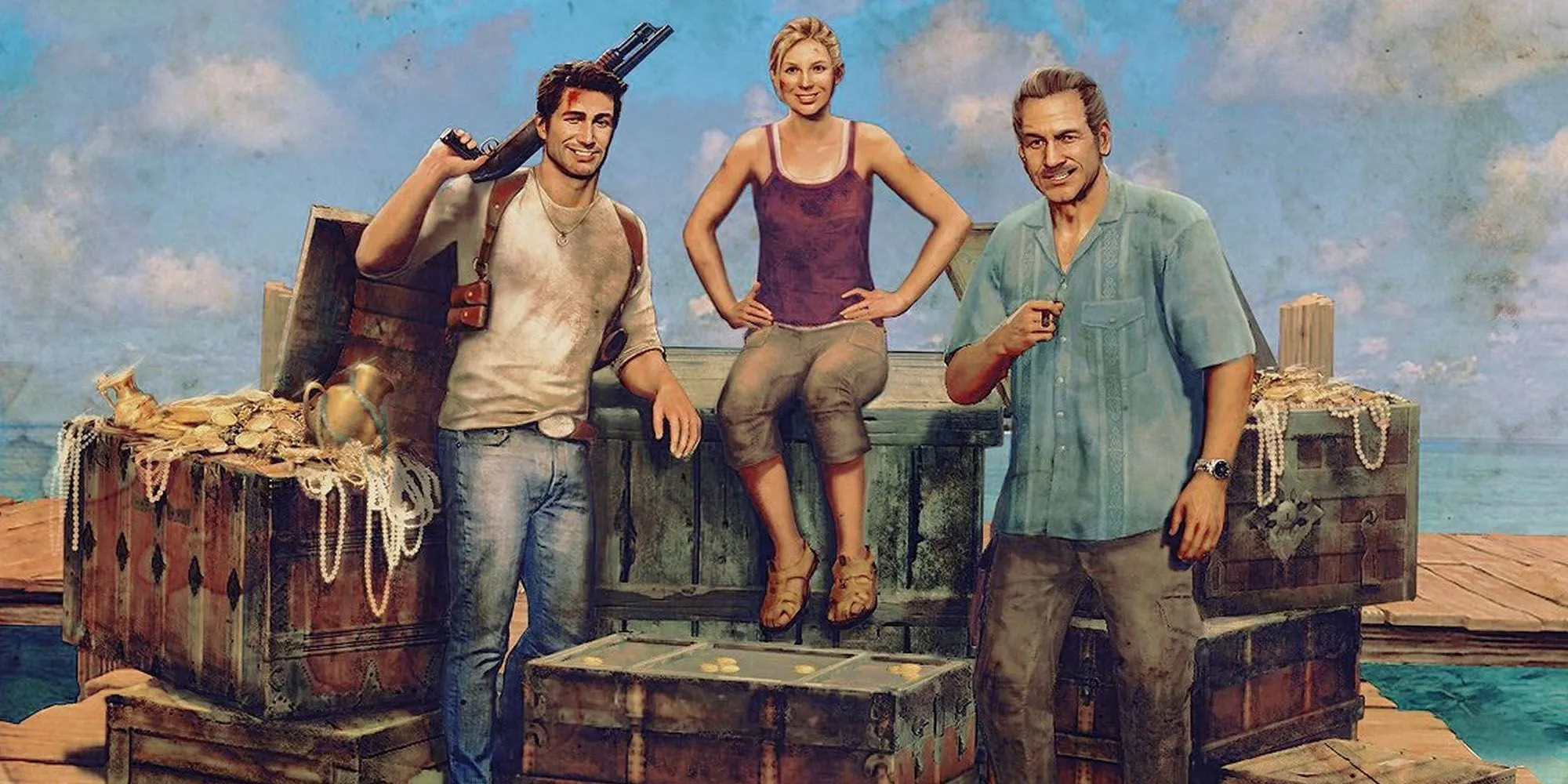Nathan Drake cùng Elena Fisher và Victor Sullivan, những nhân vật chủ chốt trong series Uncharted