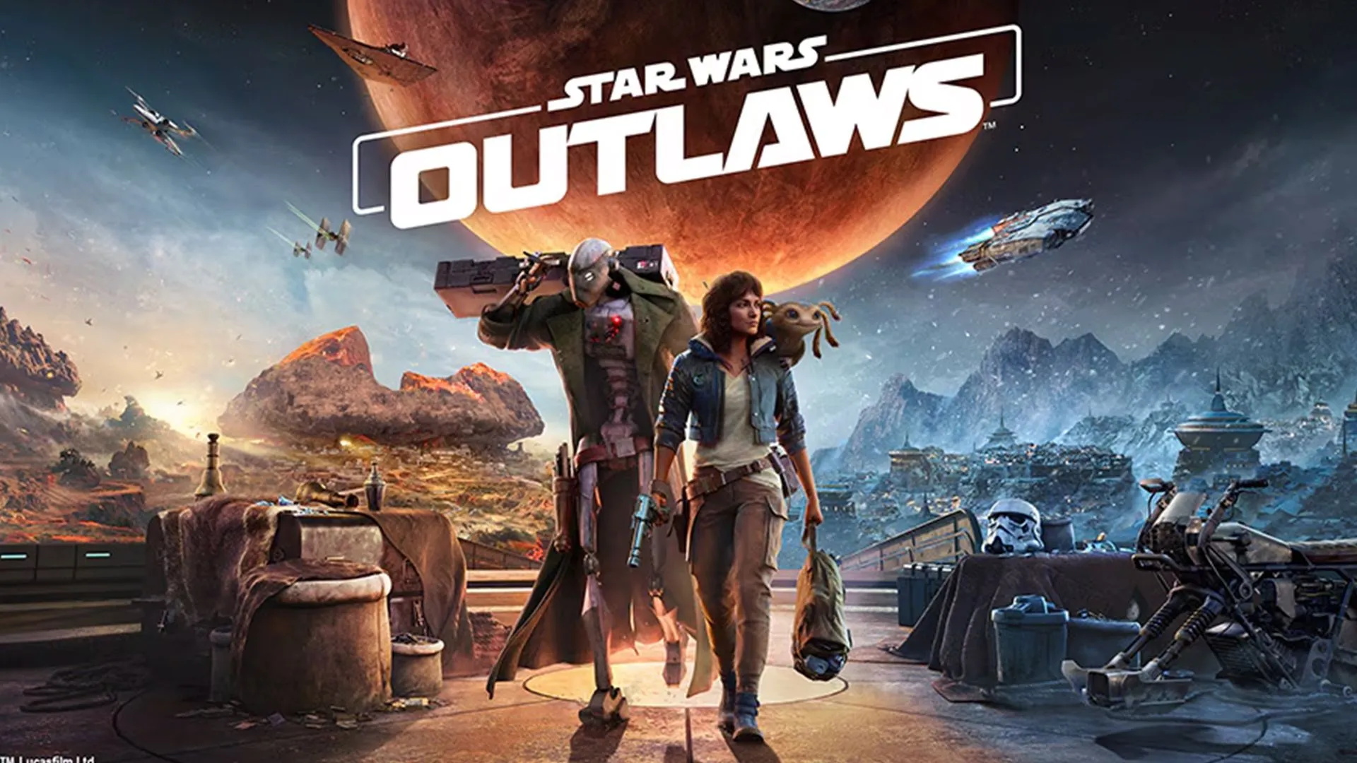 Nghệ thuật chủ đạo của game Star Wars Outlaws, hình ảnh Kay Vess và Nyx trên hành tinh Tatooine, gợi mở về thế giới ngầm vũ trụ Star Wars.