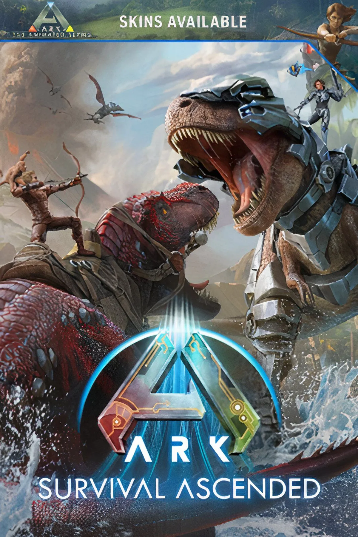 Người chơi cưỡi khủng long T-Rex khổng lồ trong thế giới sinh tồn Ark: Survival Ascended.