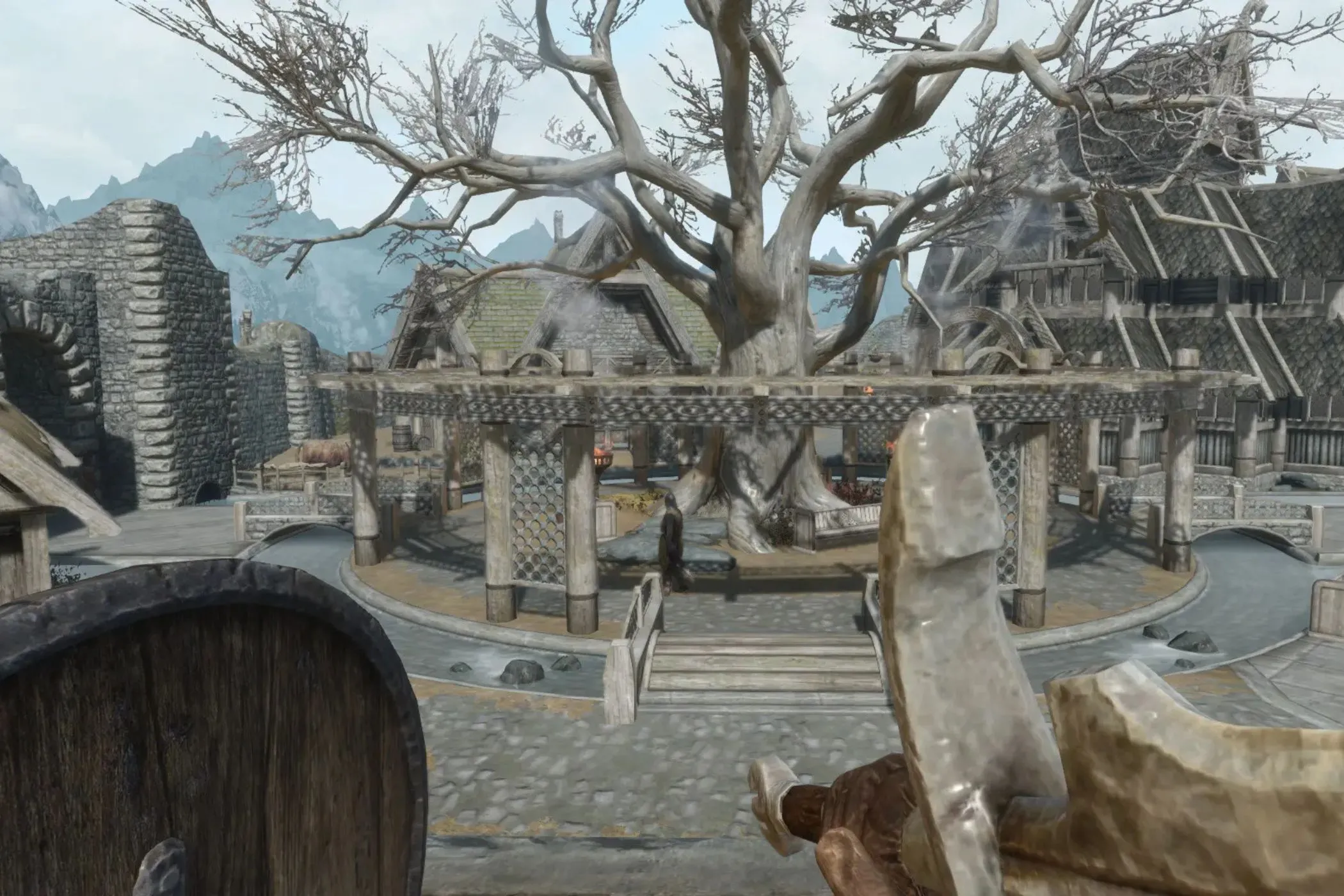 Người chơi Skyrim cầm kiếm và khiên với mod Combat Gameplay Overhaul SE cải thiện chiến đấu