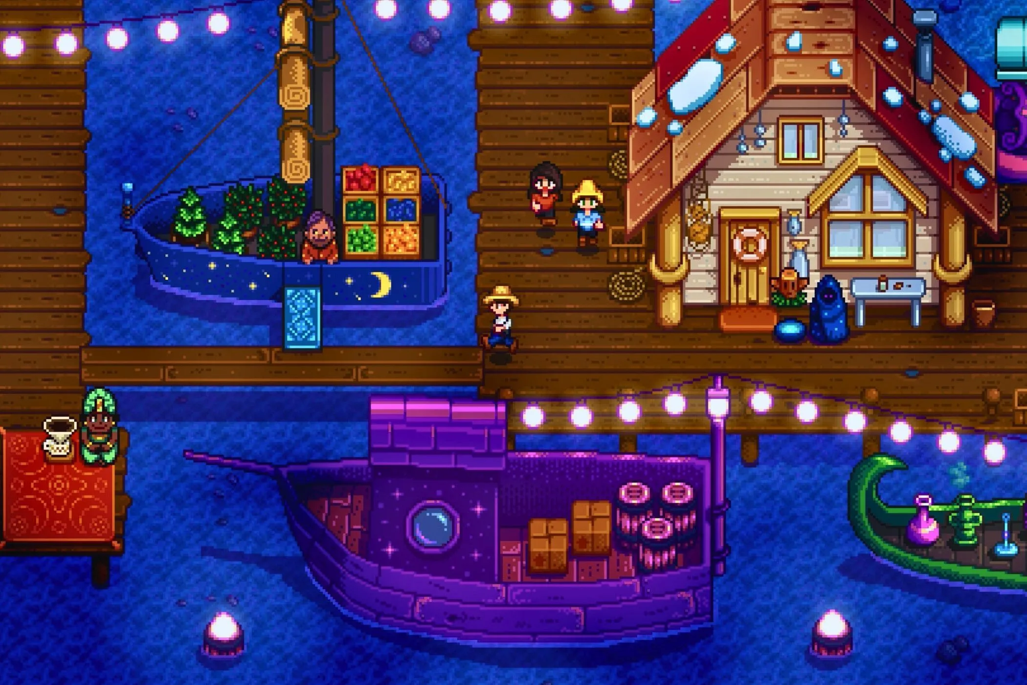 Người chơi Stardew Valley chạy trên bến tàu vào ban đêm, khám phá thế giới game rộng lớn.