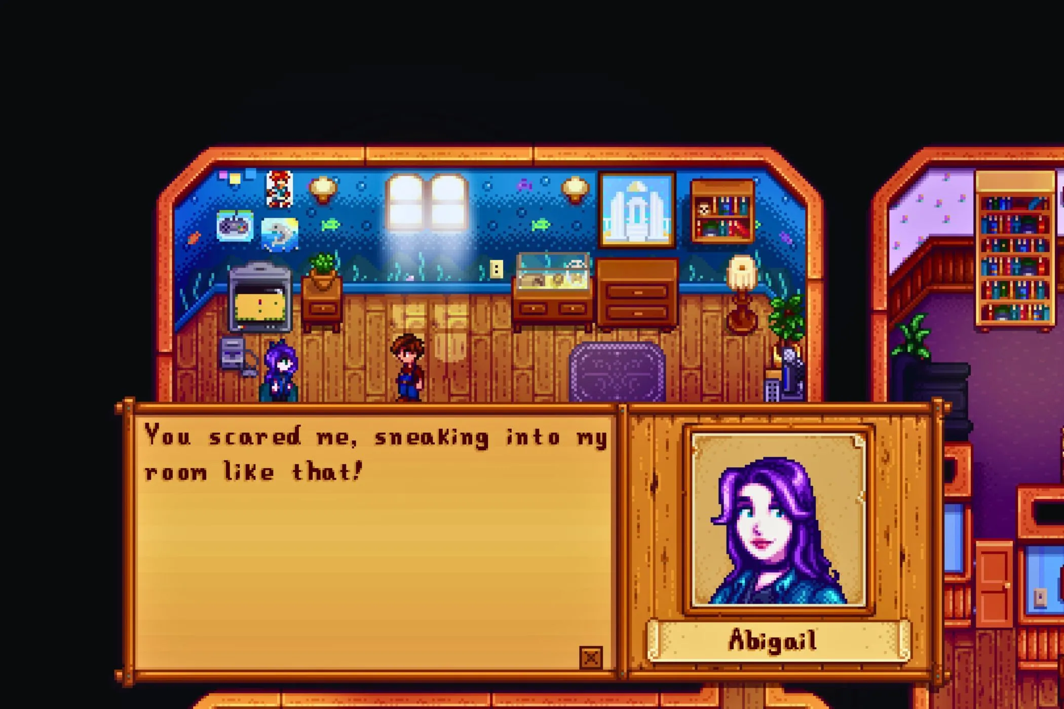 Người chơi Stardew Valley trò chuyện với nhân vật Abigail trong nhà cô ấy, thể hiện khả năng tương tác nhân vật sâu sắc.