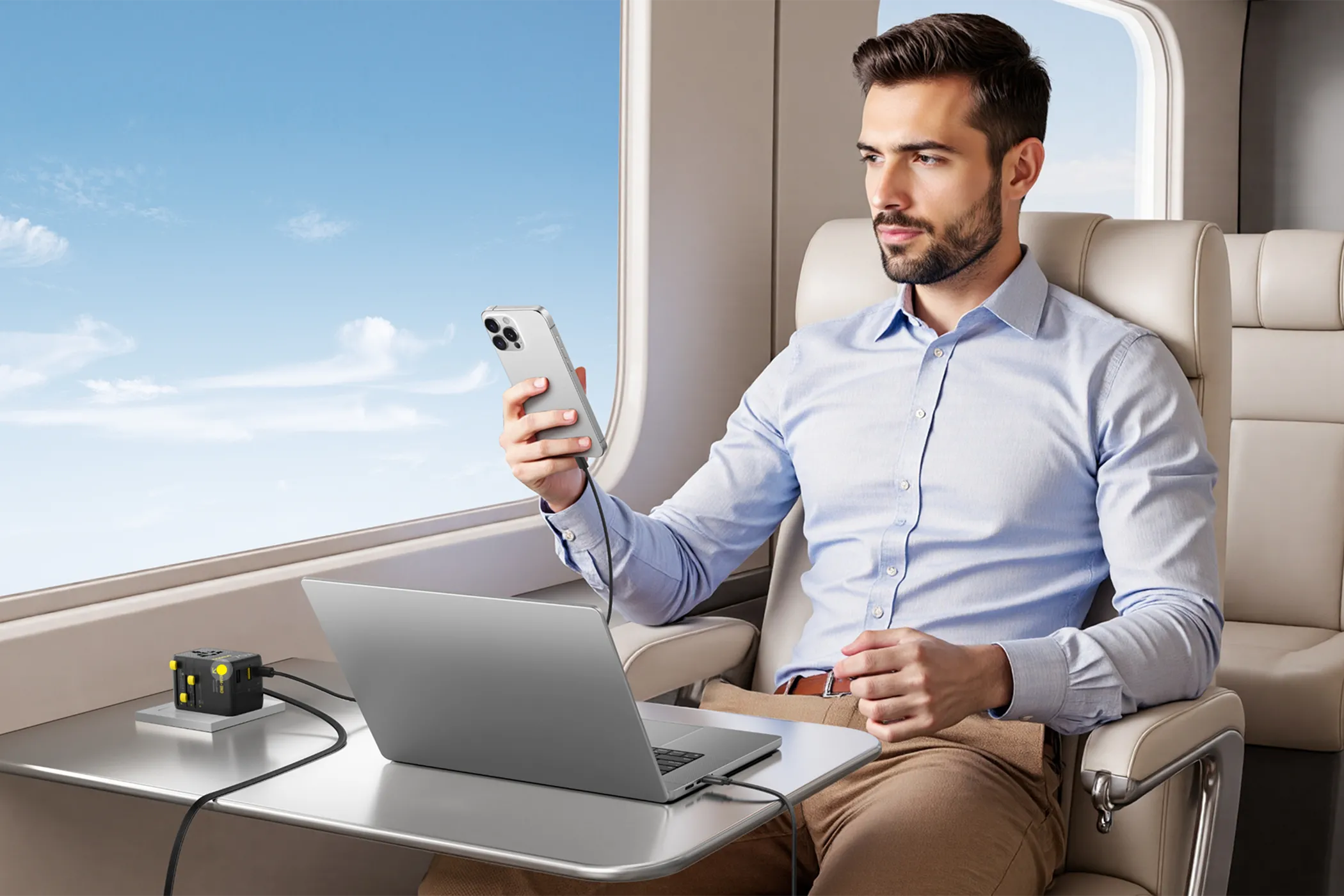 Người đàn ông sạc laptop và điện thoại trên máy bay bằng adapter du lịch Baseus EnerCore