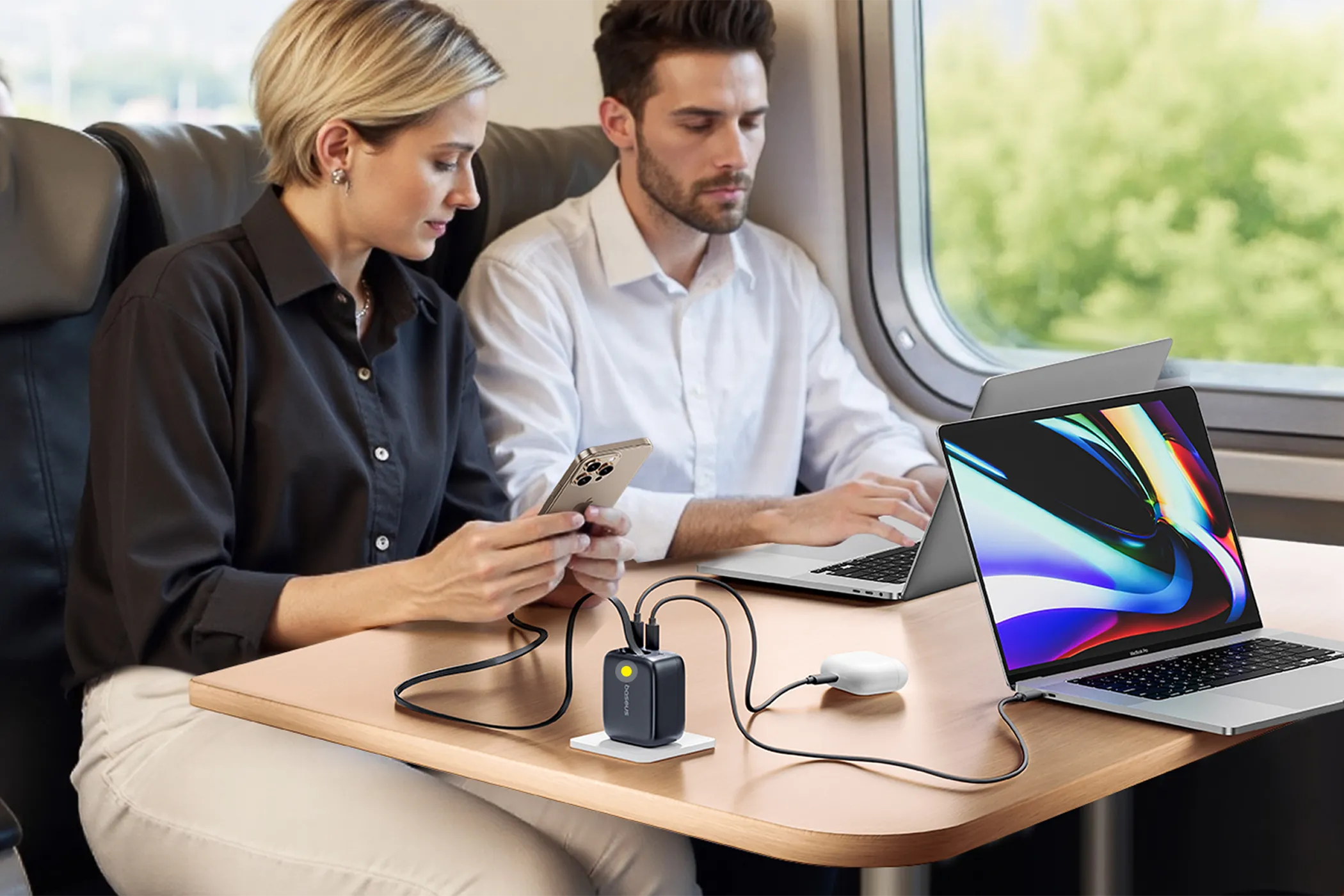 Người đàn ông và phụ nữ sạc laptop, điện thoại trên tàu bằng sạc nhanh Baseus EnerCore CJ11 67W
