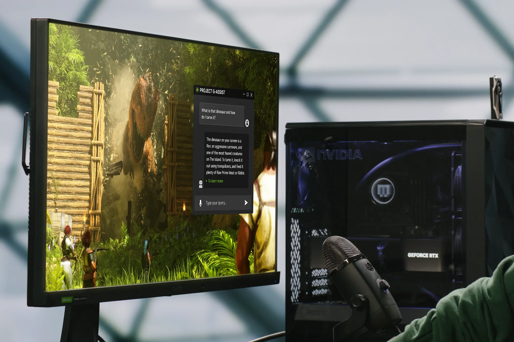 Người dùng tương tác với giao diện trợ lý AI Nvidia G-Assist trên máy tính RTX, minh họa khả năng hỗ trợ game thủ và điều khiển GPU thông minh.