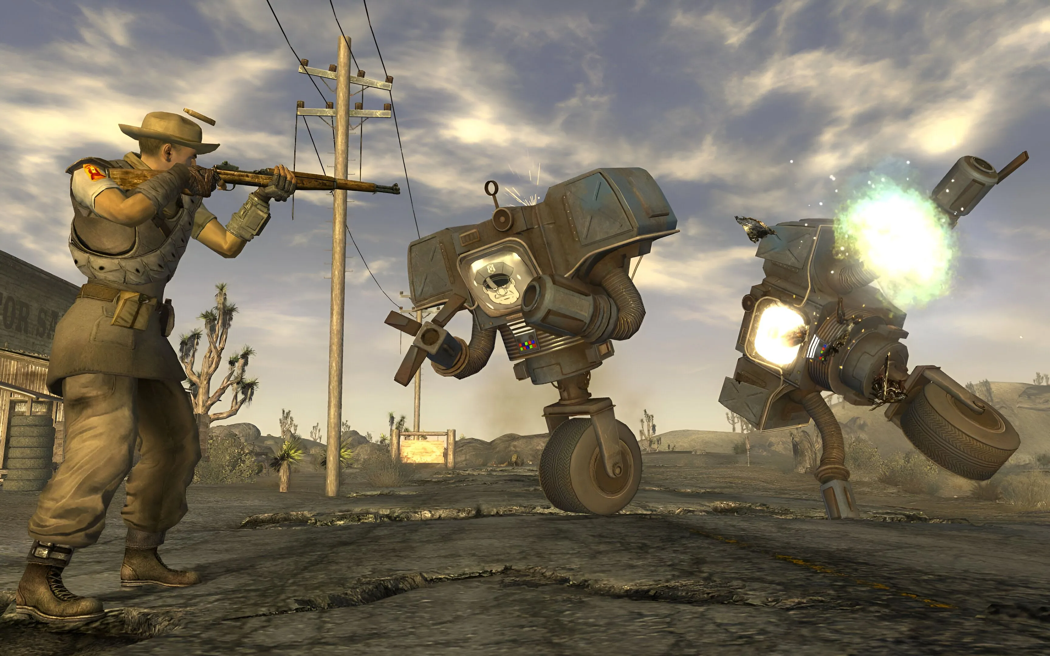 Người lính trong Fallout: New Vegas bắn robot, minh họa cơ chế RPG và AI địch trong game